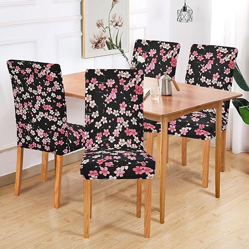 Miniatura 6 de Fundas decorativas para sillas de comedor con fondo negro y flores rosadas, fundas extraíbles para sillas de comedor, fundas para sillas de comedor,
