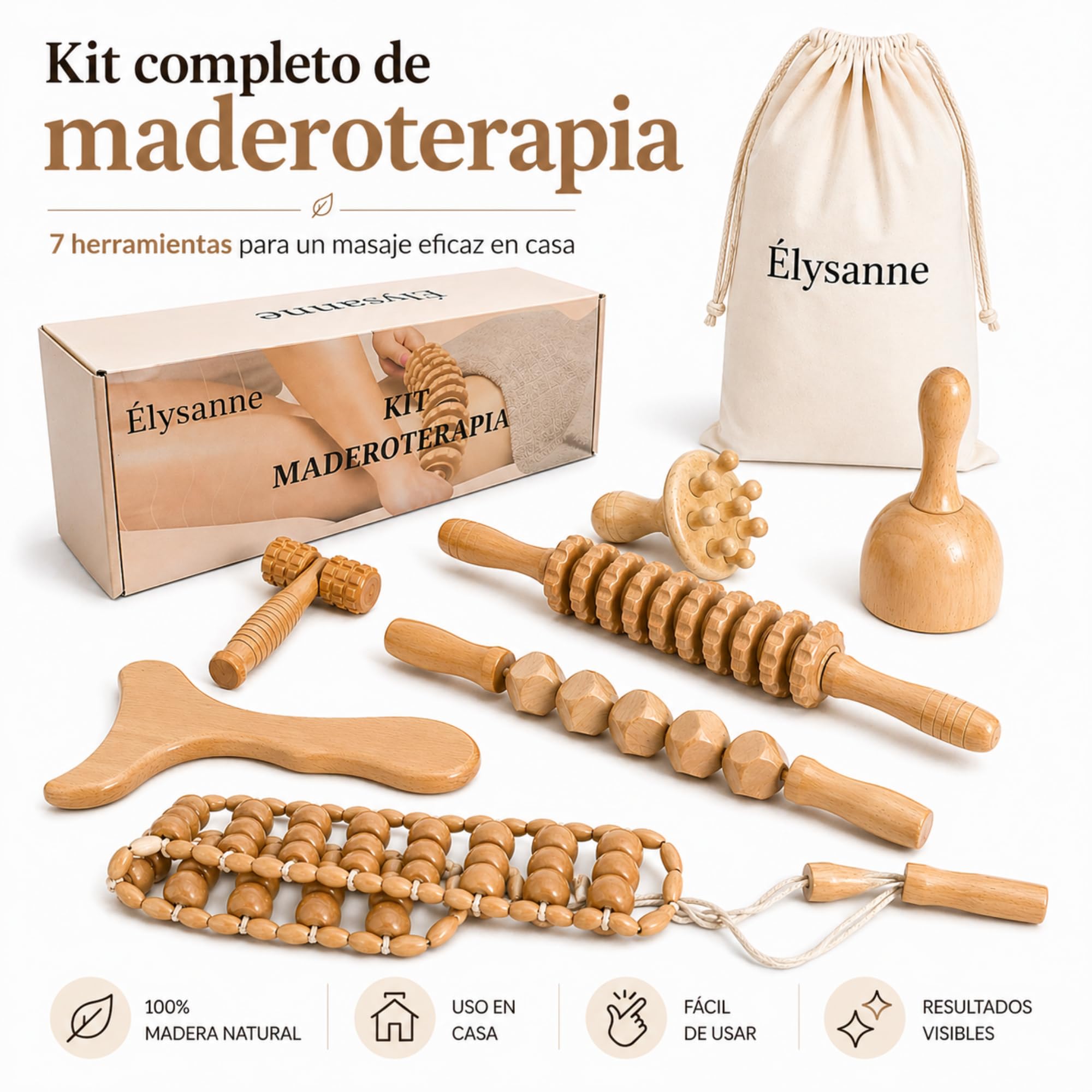 Maderoterapia Corporal Kit 7 Piezas – Anticelulitis y Drenaje Linfático – Rodillos de Madera, Copa Sueca y Tabla Moldeadora – Masaje Reductor Abdomen, Piernas y Glúteos + Bolsa