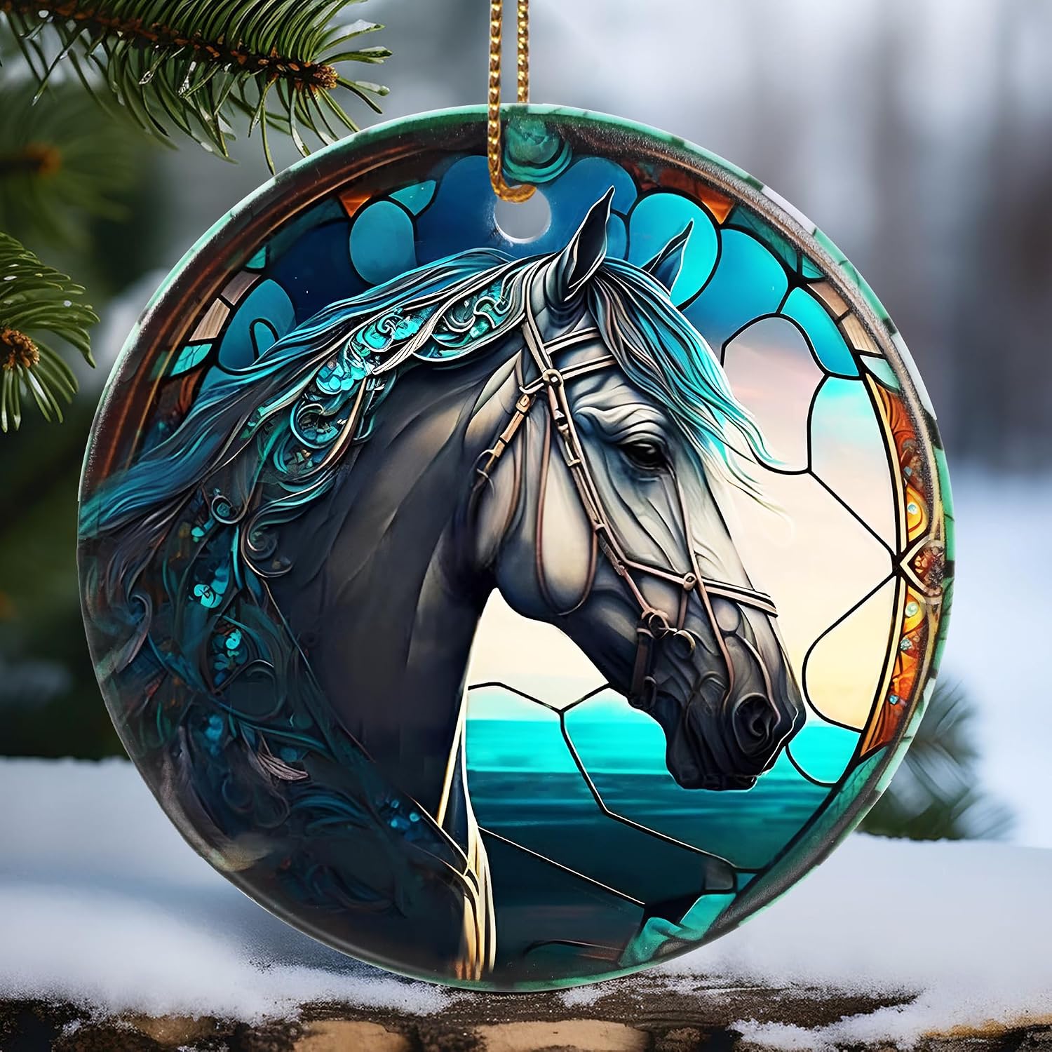 Touber Horse Ornament, Christmas Decoration, Holiday Present Idea, Heirloom Keepsake, Round Ceramic, Bauble Present, Horse