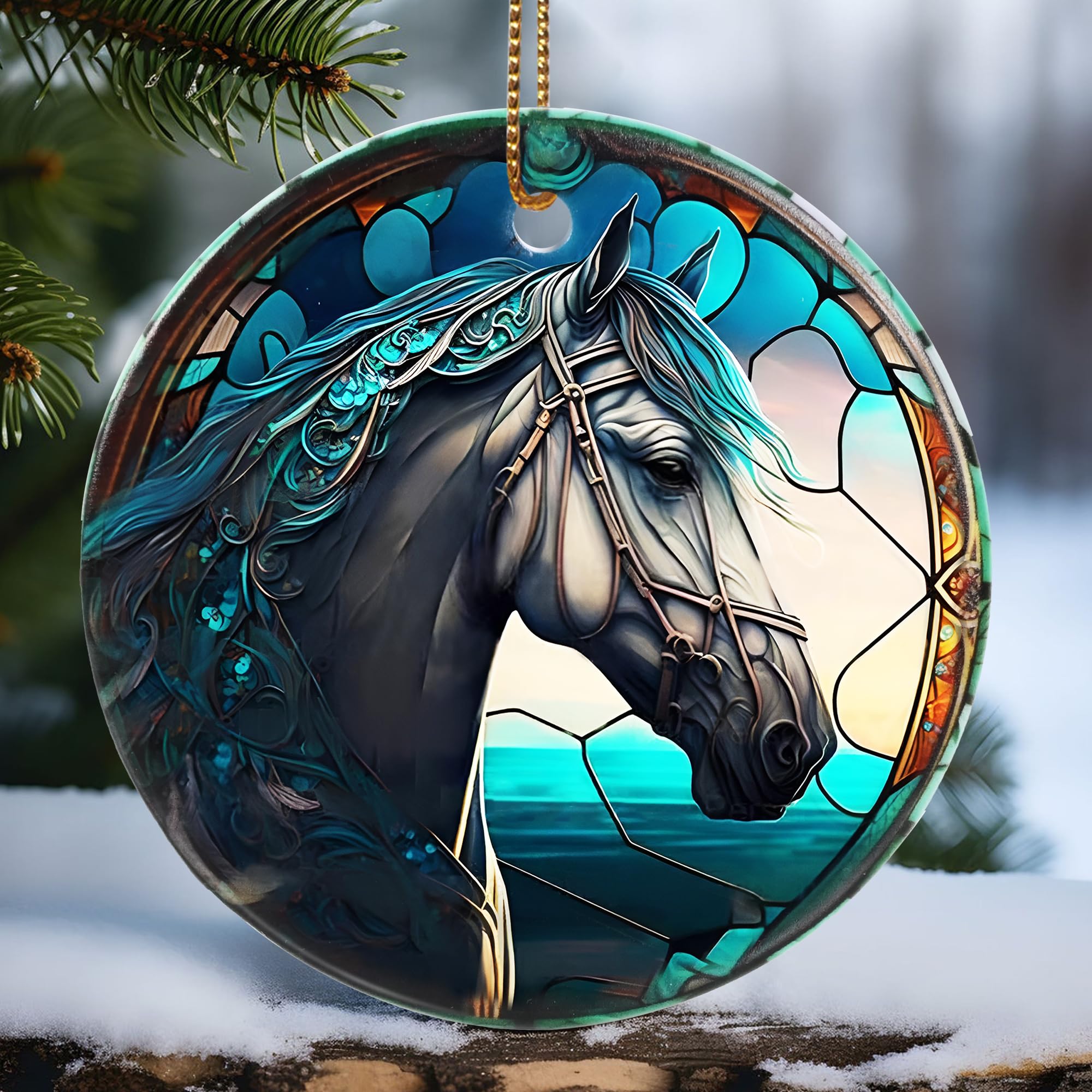 Touber Horse Ornament, Christmas Decoration, Holiday Present Idea, Heirloom Keepsake, Round Ceramic, Bauble Present, Horse