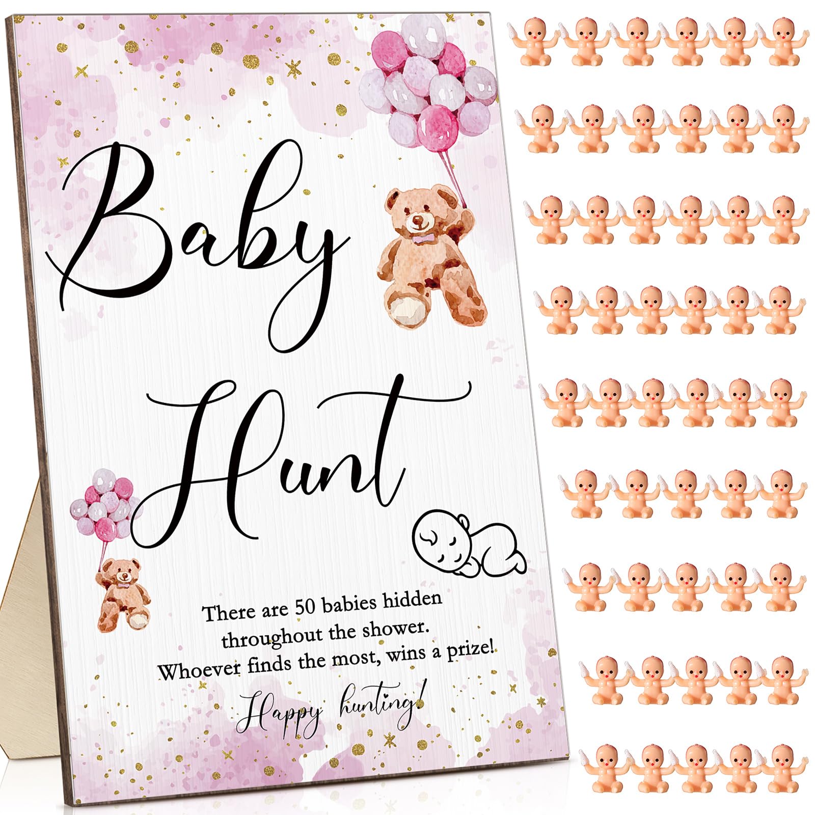 Roowest 51 Pieces Baby Shower Games Include Wooden Hunt Sign 50 Mini Plastic Baby Shower Games Gender Reveal Party Favors Prizes for Game(Pink Bear