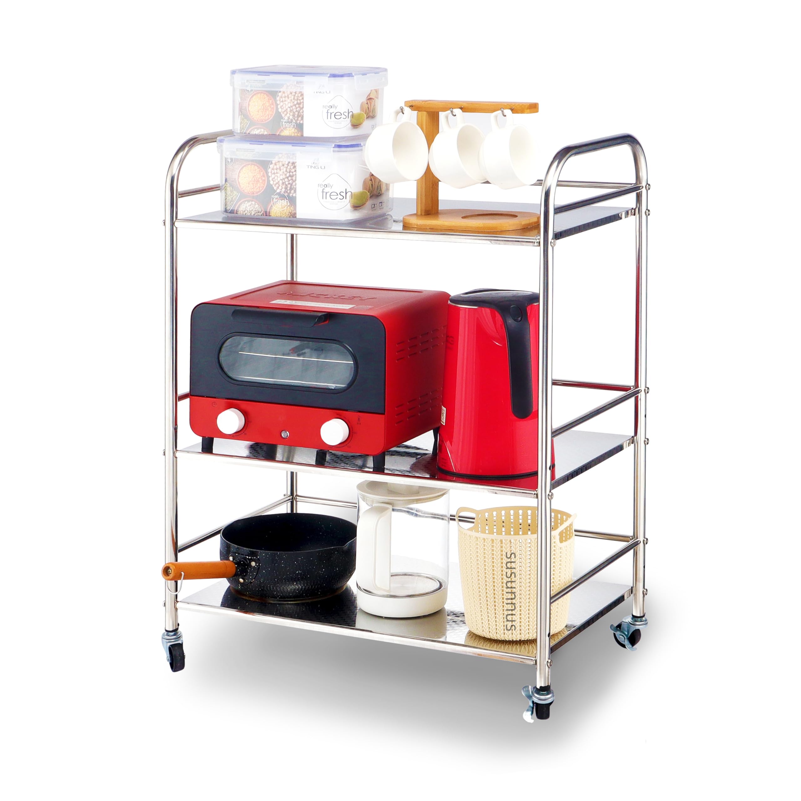Carrello da cucina piccolo a 3 ripiani in acciaio inox con ruote e ripiani e ripiani con ruote e carrello da cucina, carrello da rotolamento, resistente