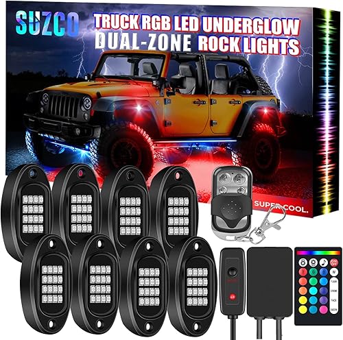 Miniatura 9 de 【Clear Stock】 6-Pack Trucks LED Underglow Pod Rock RGB Neon Under Wheel Well Lights Lights Kit, Dual-Zone 96LEDs + 27LEDs Interior Light Kit with