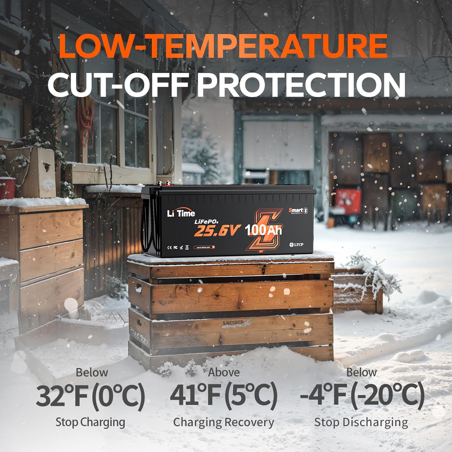 LiTime 4Pcs 24V 100Ah Bluetooth LiFePO4 Battery, Low-Temp Protection, 4000+ Cycles with 100A BMS, Max. 2560Wh Energy, Replacement for Lead-Acid Batteries, Ideal for RV, Marine, Home Energy Storage