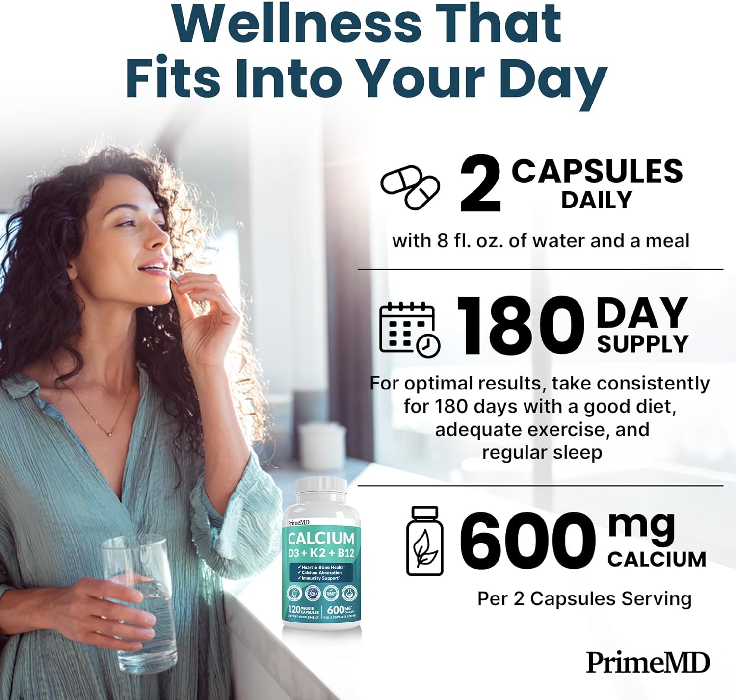 4-in-1 Calcium Supplements for Women and Men - Calcium with Vitamin D3 K2 5000 IU Supplement, 601mg per Serving for Heart, Bones & Body Defenses - Gluten-Free, Vegan-Friendly (240 ct)