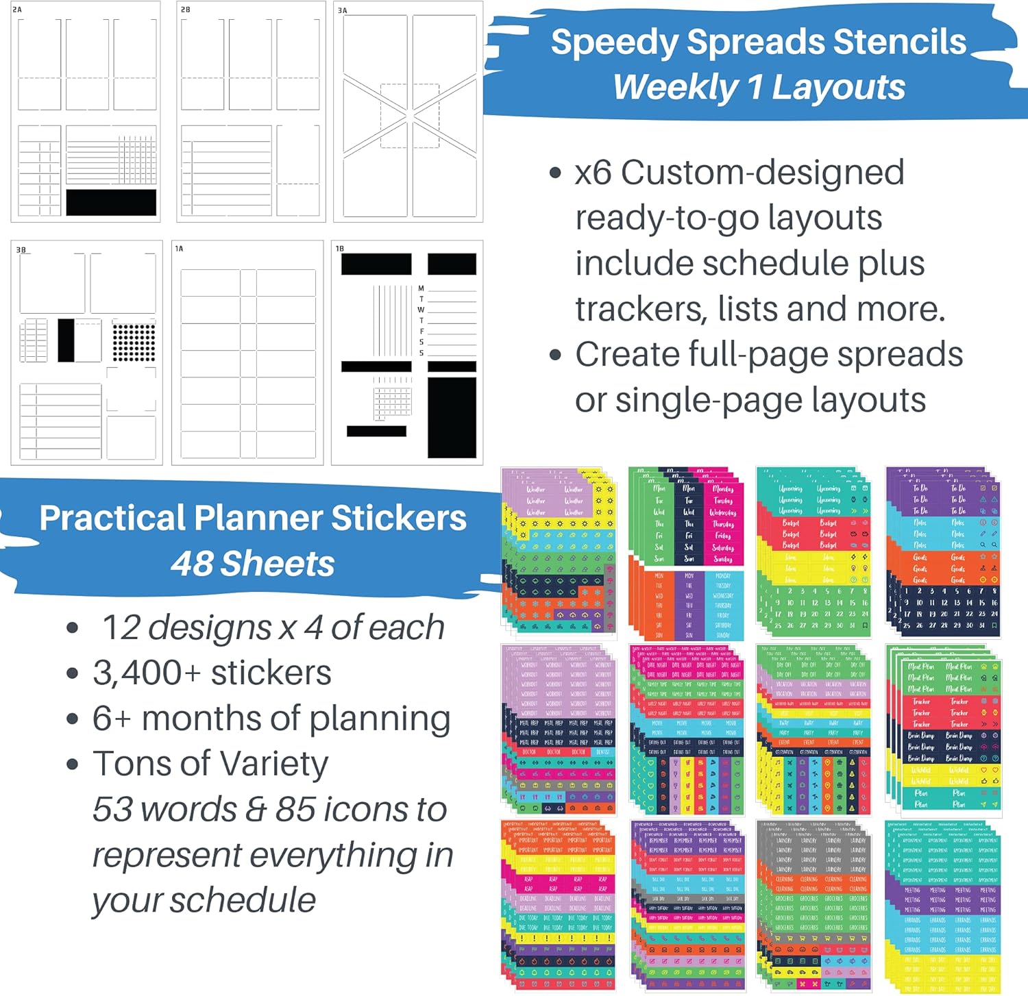 Speedy Spreads Weekly Layout Journal Stencils & Planner Sticker Kit - 48 Sticker Sheets & 6 Stencils for A5 Bullet Dot Grid Journal Notebooks, Journaling Supplies Kit with DIY Calendar Templates