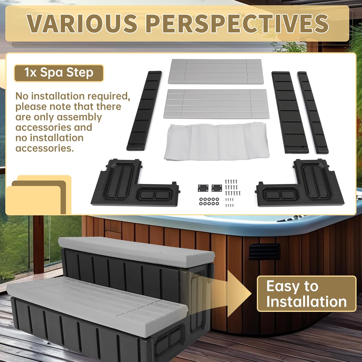 KUAFU Universal Spa Hot Tub Step with Storage, Outdoor Indoor Compartment Spa 2-Step Stool Pool Ladder Handi Step Slip Resistant Striped Dark Gray+Black 350lbs Load Capacity