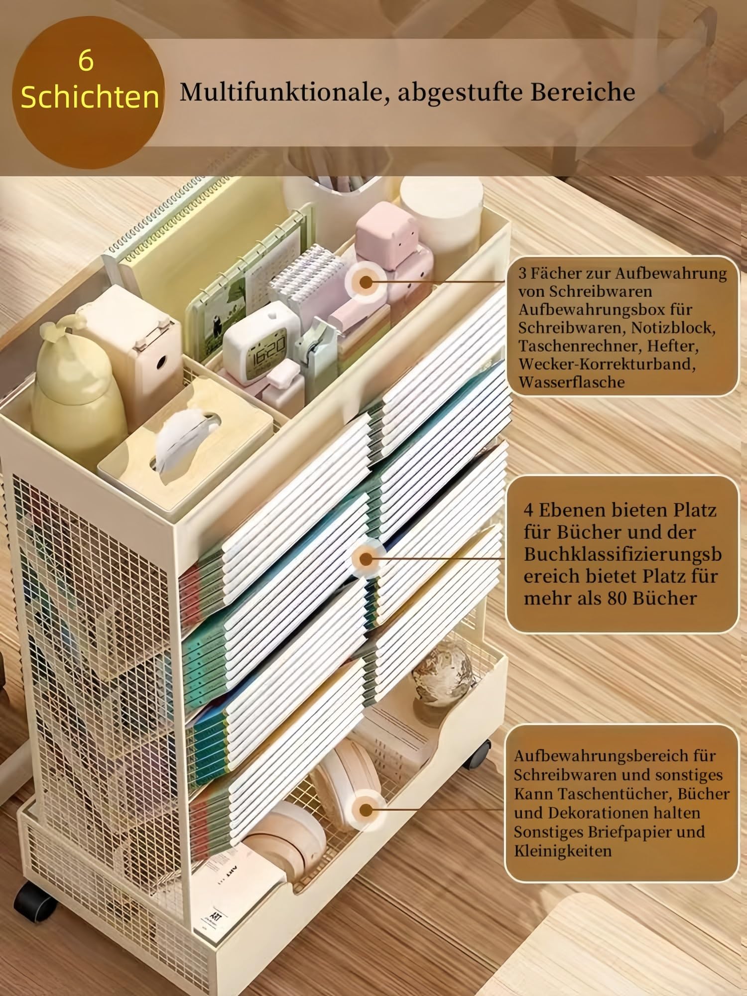 Mobiler Bücherregalwagen mit Rädern, stabil, 41.2x18.3x68.6cm, für Wohnzimmer, Büro