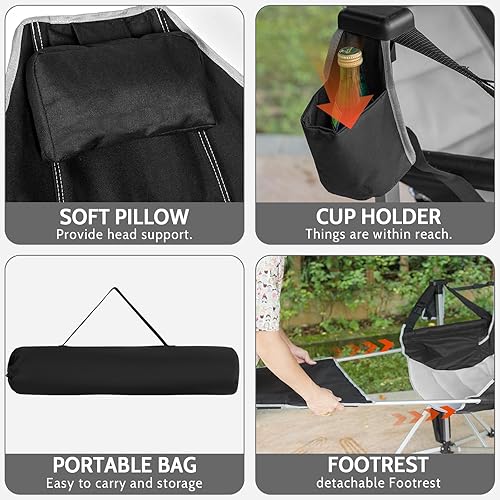 Miniatura 5 de Romswi Paquete de 2 sillas hamaca de aluminio con reposapiés, silla plegable portátil de gran tamaño con respaldo y asiento ajustables, silla