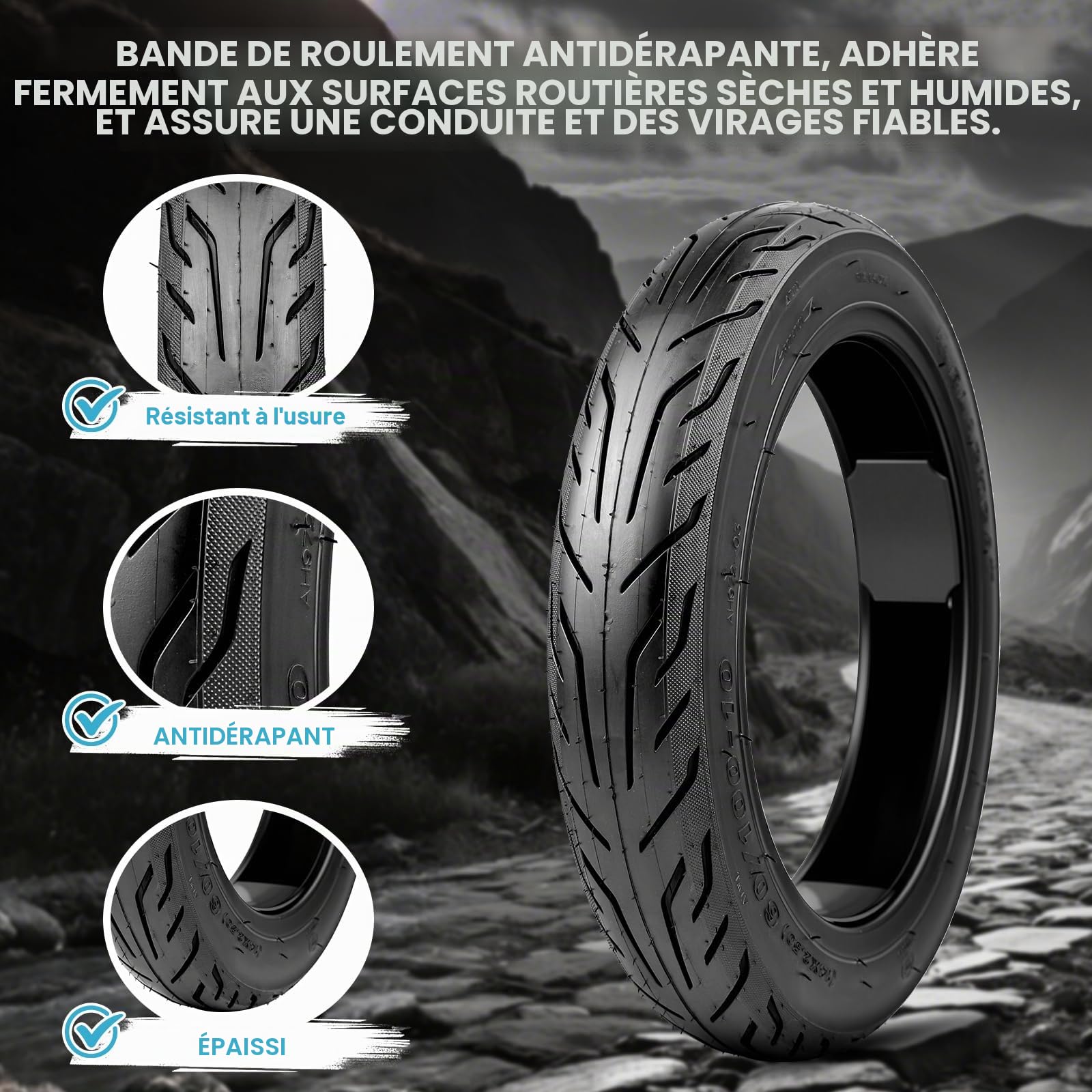 MEGHNA Pneu sans chambre à air Solid Tires (14 x 2,50) pour vélo électrique - Pneu auto-cicatrisant anti-crevaison 60/100-10, 36 PSI - Gaine robuste sans chambre à air