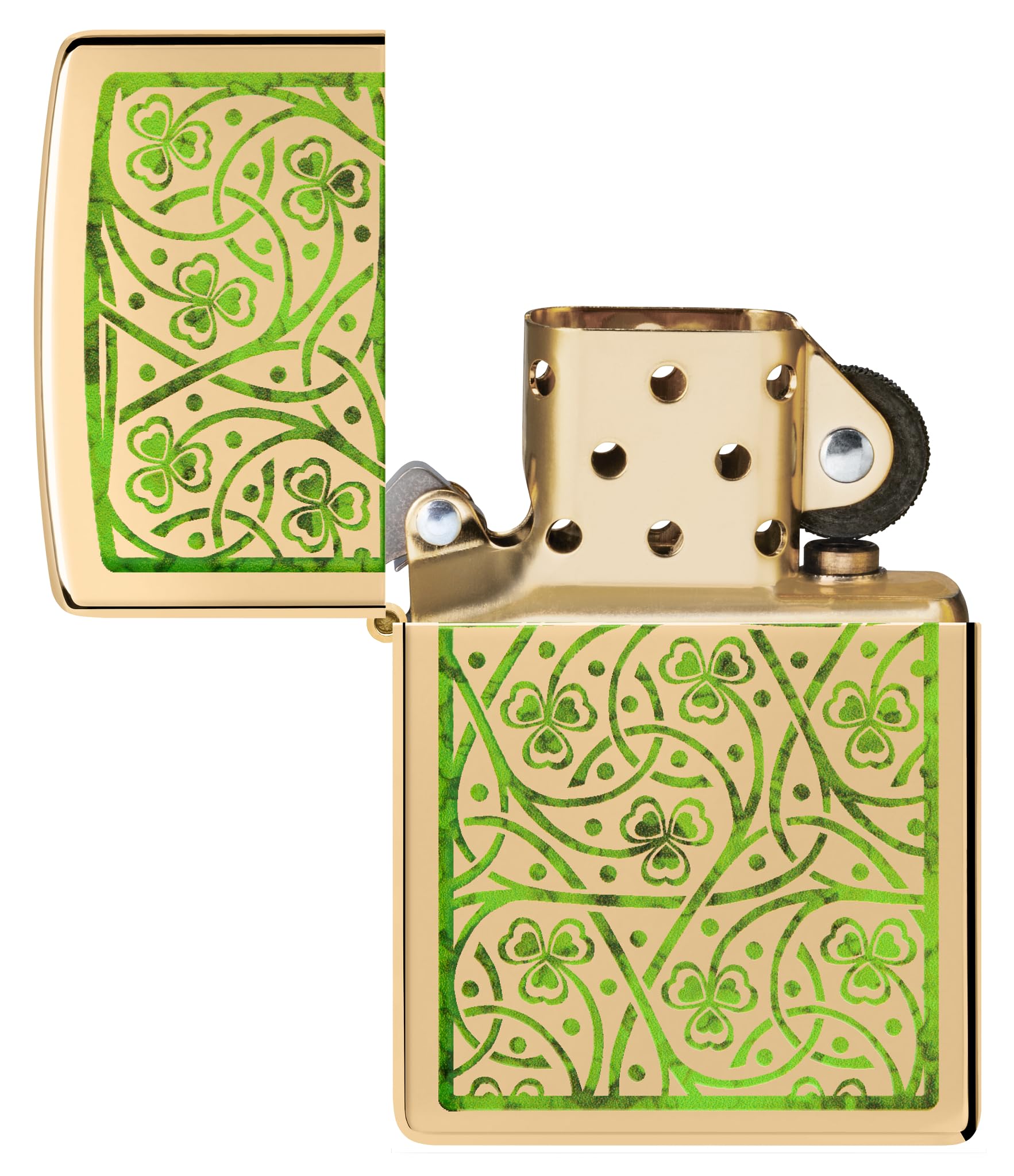 Zippo Clover Leaves Zapalniczka Sztormowa, do Napełniania, Wielokrotnego Użytku, Wiatroodporna Konstrukcja, Pudełko na Prezent, Wykonano w USA, Mosiądz z optymalnym Połyskiem (High Polish Brass)