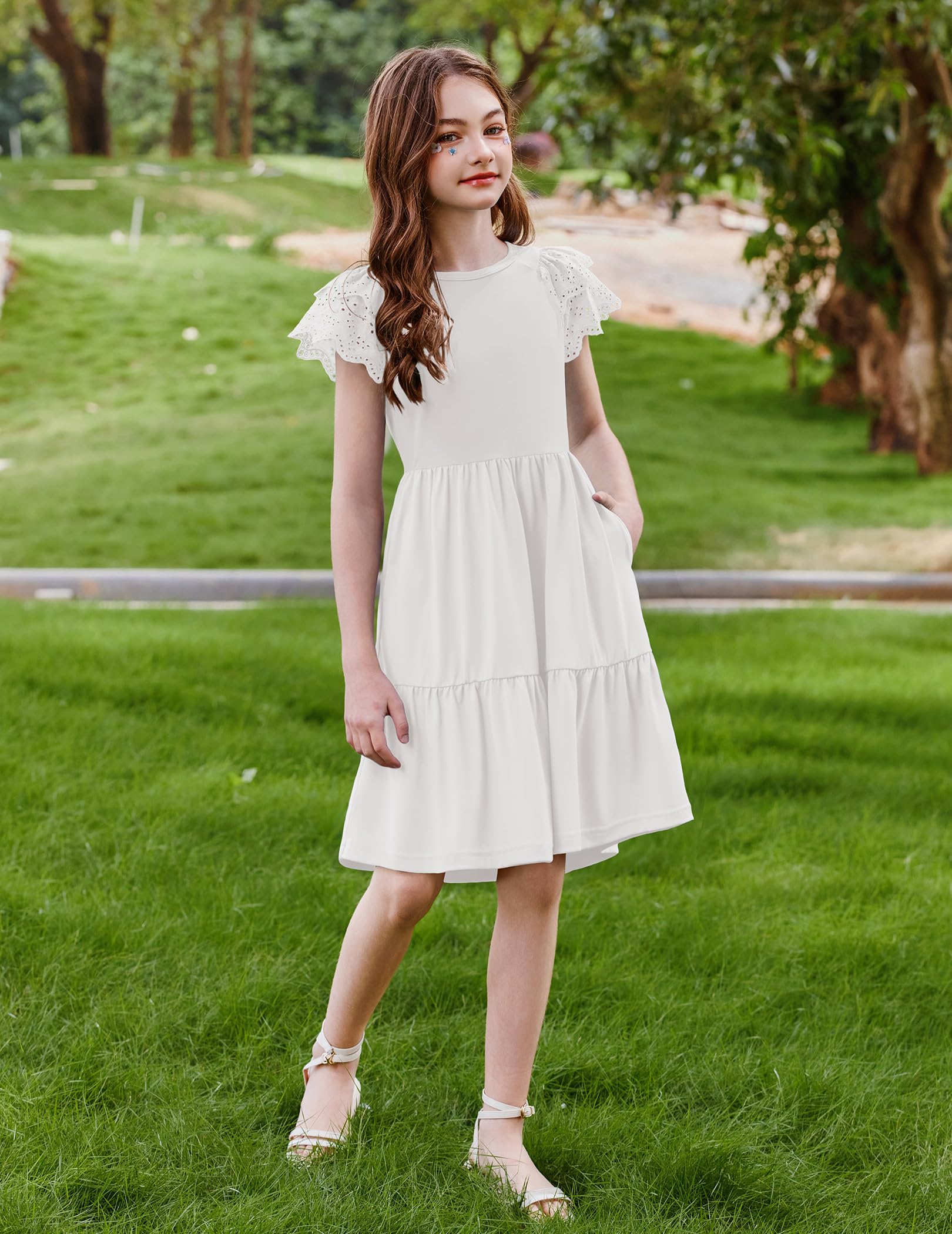 Arshiner Robe d'été en dentelle à manches courtes et col rond pour enfants, robe midi festive décontractée, robe de soirée tendance de couleur unie avec poche, 6 à 14 ans
