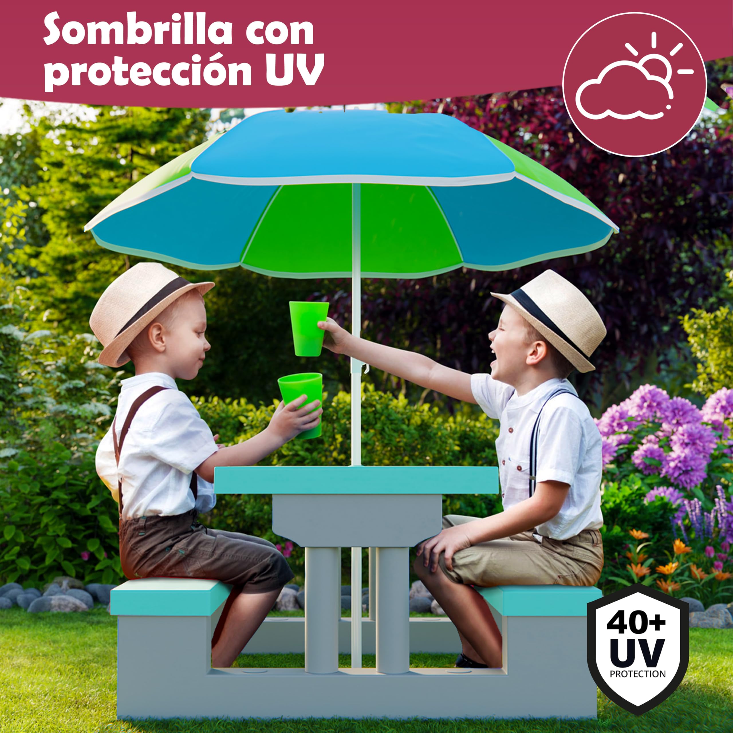 Spielwerk® Juego Mesa y Bancos Infantil Sombrilla Protección UV 4 Niños Intemperie Set Picnic Jardín