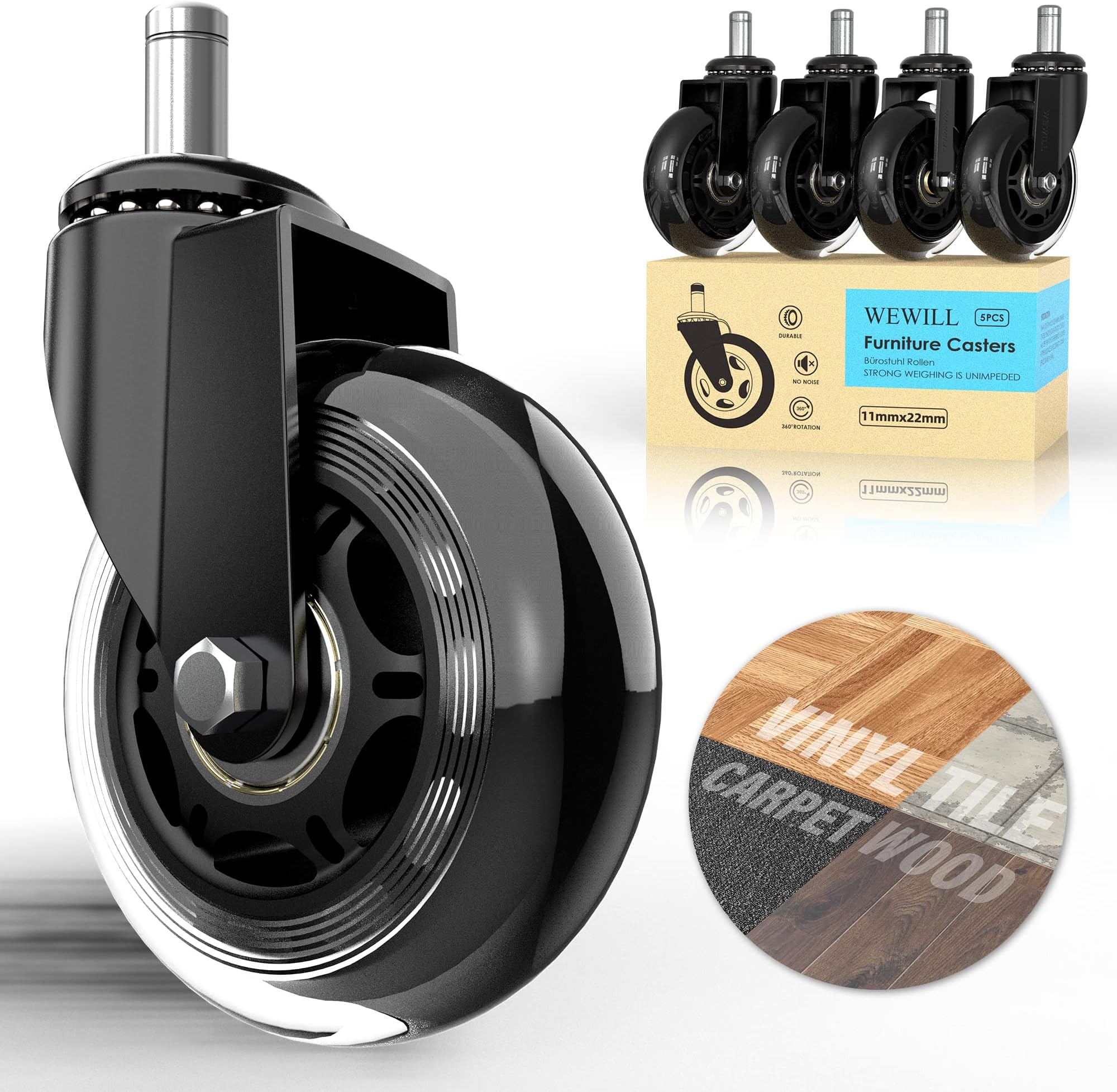 Office Chair Wheels Caster 3" Rollerblade Rubber Replacement Castors up to 300KG for Hardwood Floors and Carpet - Universal Fit, Not for IKEA