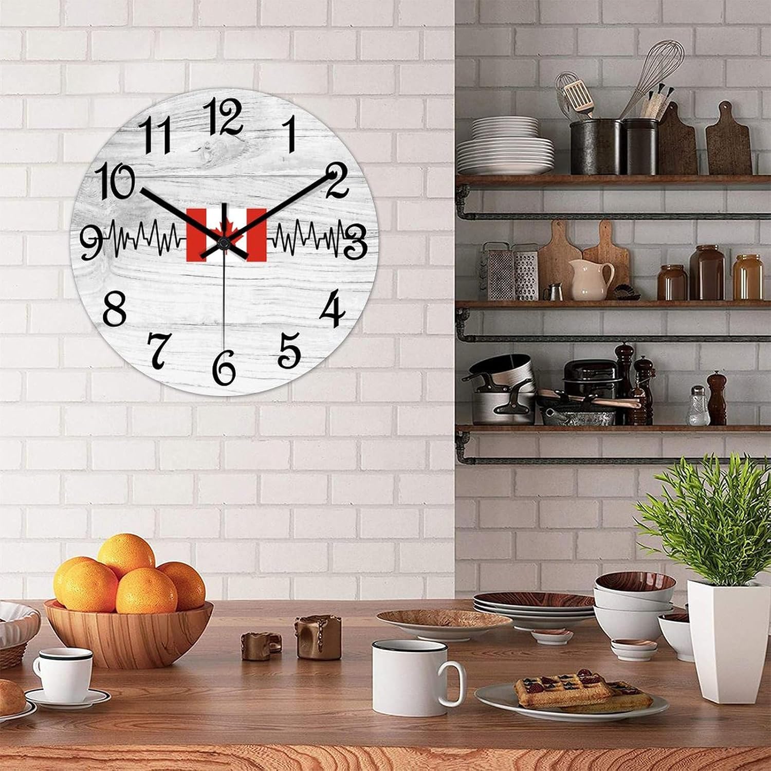 Canada Flag Heartbeat Clock Canada Large Wooden Wall Clock Battery Operated Silent 15 Inch Farmhouse Wall Clock Decorative for Home Kitchen Living Room Bedroom Office