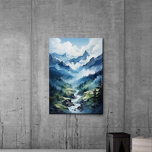 Miniatura 1 de Canvas Framed Canvas Wall Art Wood Panel, Canvas Wall Art Blue Watercolor Abstract Mountains Nature Prints, Minimalist Misty Art, Canvas Prints,