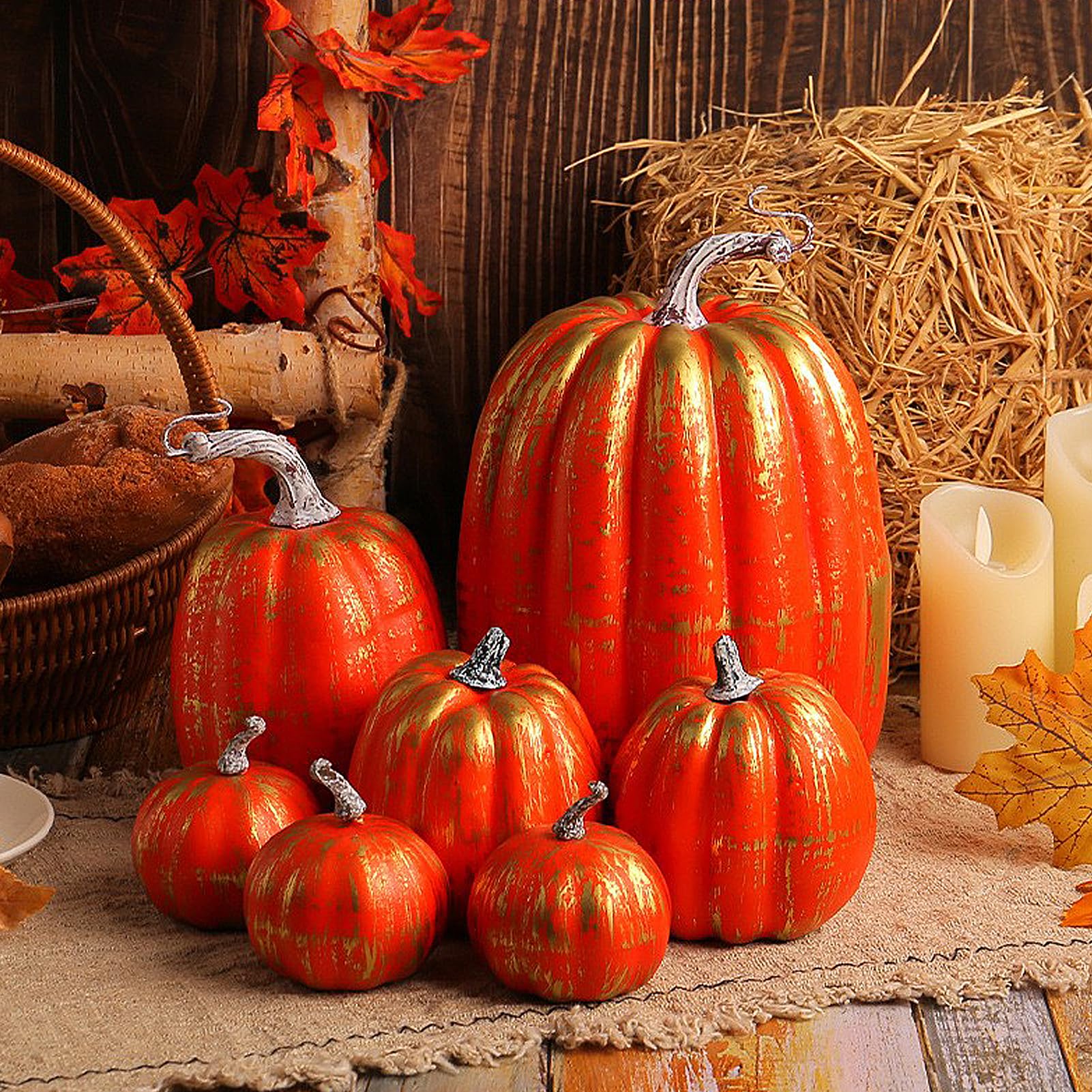 Muiltvoe 7pcs Artificial Pumpkins Fall Harvest Pumpkins Assorted Sizes Foam Small Pumpkins for Thanksgiving Halloween Table Centerpiece Shelf Mantel (Green)