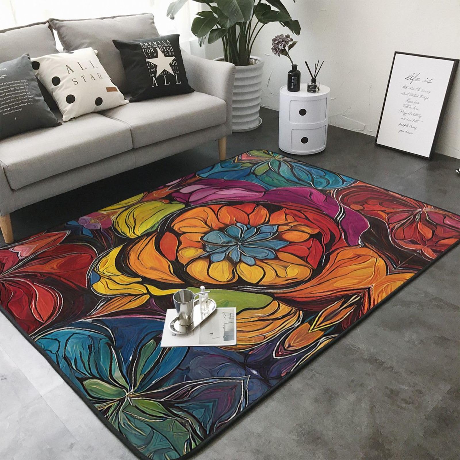 Flower Stained Glass Print Living Room Anti Slip and Absorbent Carpet, Indoor Bedroom Bed Floor Mat, Ultra Soft Washable Carpet 80x58 in