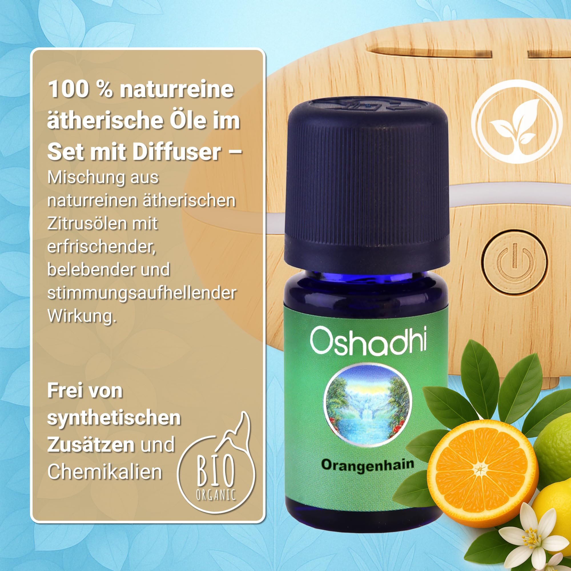 Oshadhi Sonnenlicht Diffuser Set | Ambiance Diffuser tragbar | Duftmischung Orangenhain | Naturreine ätherische Öle für Raumduft| Recycelbare Verpackung | Tierversuchsfrei