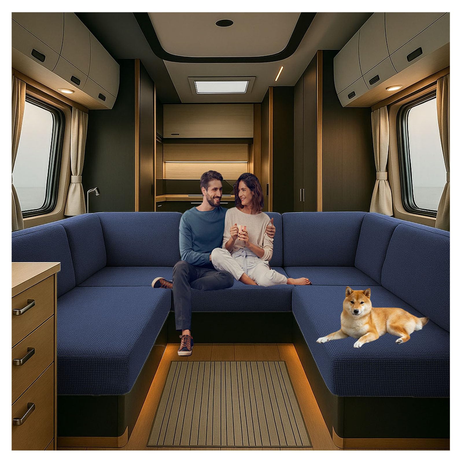 CDPTD Bezüge Für Wohnwagenpolster Jacquard, rutschfeste Wohnmobil Sitzbezüge Mit 2 Cord, Ersatzbezüge für Wohnmobilkissen, Stretchstoff RV Esstischsitzbezüge (blue1,W 135-165 cm, D 95-115 cm)