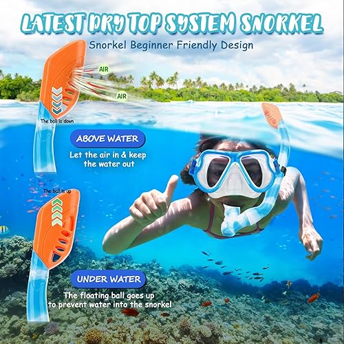 Miniatura 4 de Juego de esnórquel para niños de 6 a 14 años, equipo de esnórquel para niños con parte superior seca, antifugas, antivaho, vista panorámica, máscara