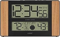 La Crosse Technology Atomic Digital Wall Clock with Wireless Outdoor Temp, Moon Phase, Large 2.125" Display, Oak Wood Finish