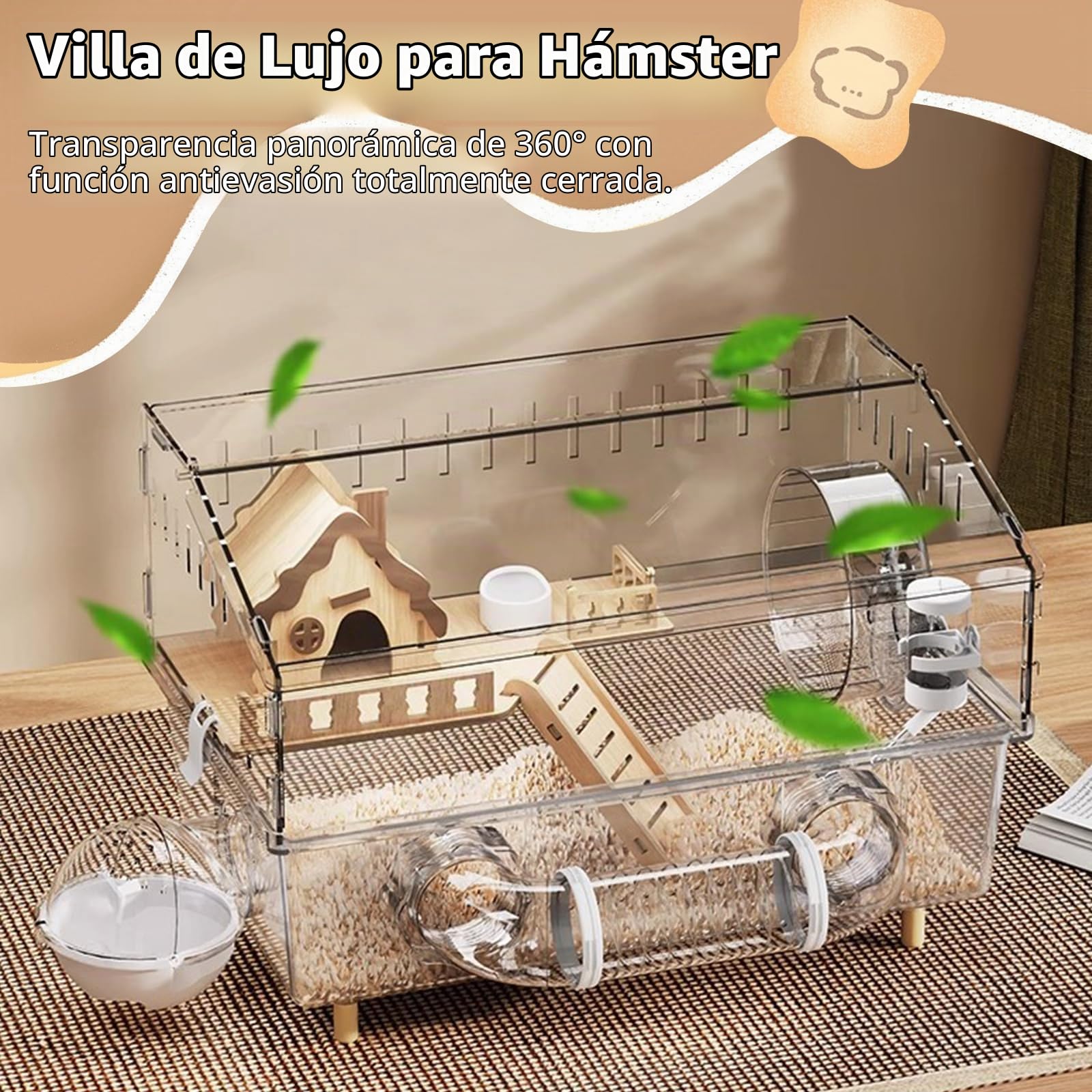Jaula de hámster de acrílico con accesorios, jaula transparente para roedores de 45×30×33 cm con rueda, túnel, casa de madera, bebedero y cuenco para alimentos – Gran jaula para roedores pequeños para