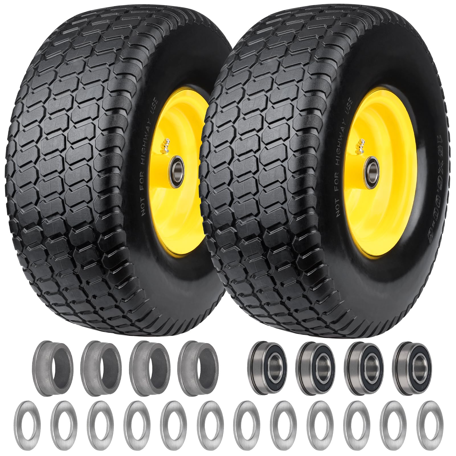 Neumáticos para cortacésped de 15 x 6.00-6 nhs sin planos, neumático sólido de 15 pulgadas y rueda con cubo centrado de 3 pulgadas, rodamientos de precisión de 3/4 y 5/8 pulgadas, bujes de 1 pulgada