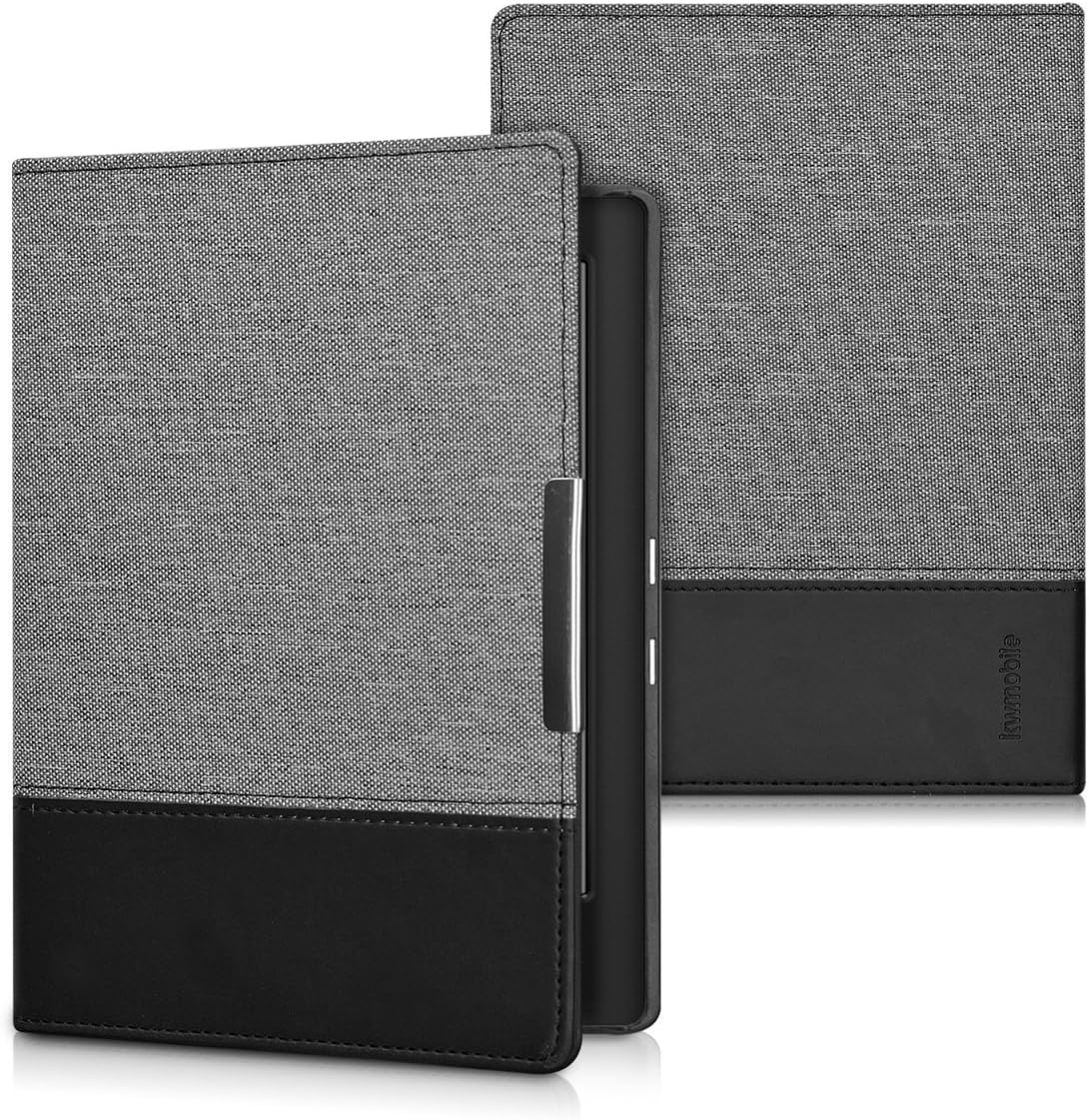 kwmobile Case Compatible with Kobo Aura H2O Edition 1 - PU Leather and Canvas e-Reader Cover - Dark Grey/Black