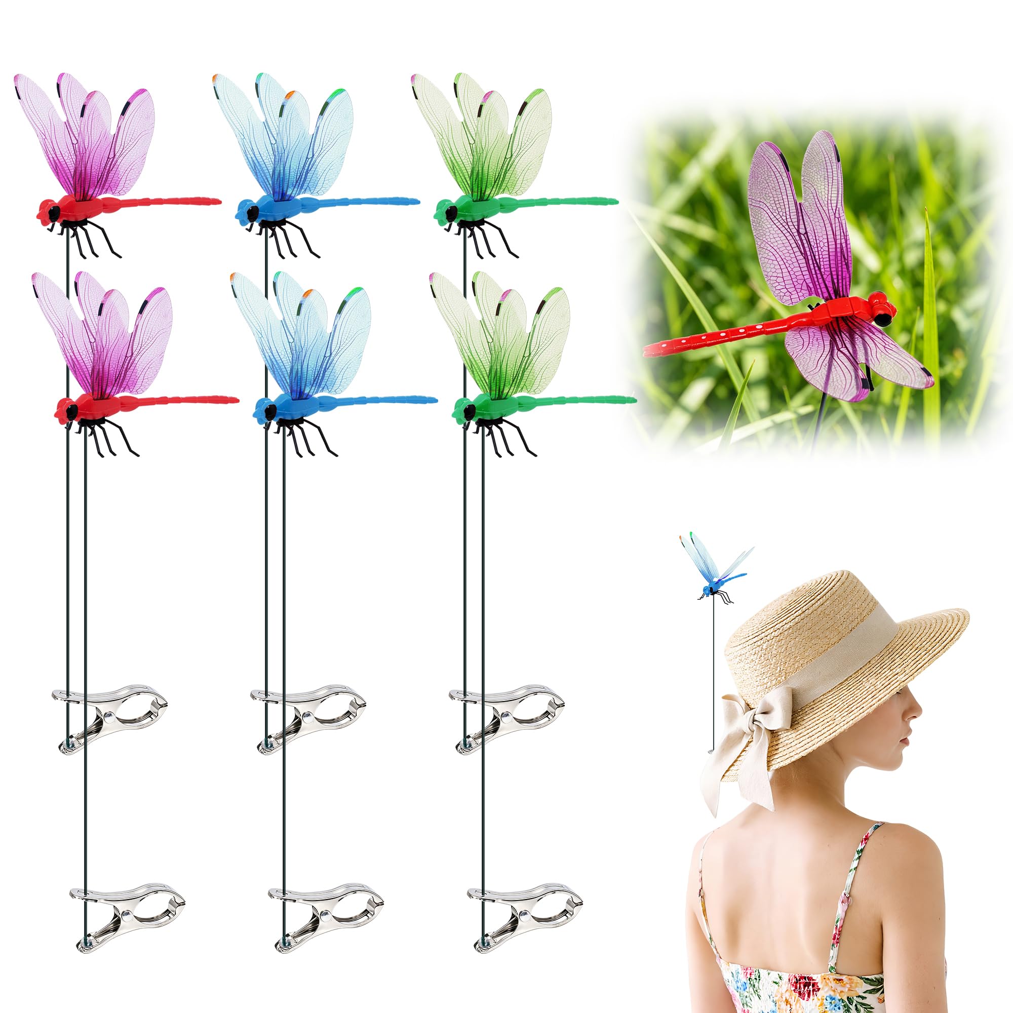 Libellules en plastique sur pince pour décoration de jardin et de cour lot de 6