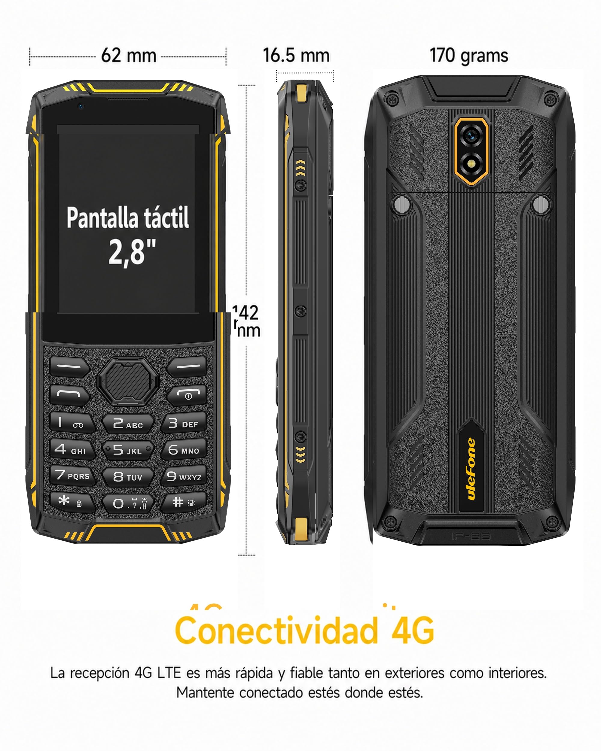 Mini 5 Teléfono Resistente IP68/IP69K, Outdoor con Pantalla Táctil y Teclado, Android 11 con Whatsapp, Batería 2500mAh, 4G Dual SIM, 1GB+8GB, Ampliable hasta 64GB, MIL-STD-810H