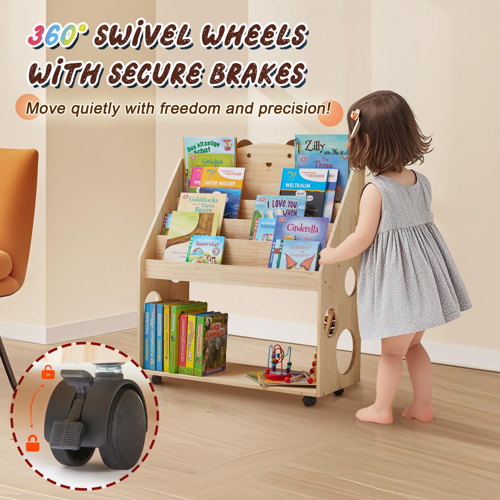 Kinder Bücherregal Montessori mit Rollen & Tafel, 5-stöckiges Kinderregal Kinderbücherregal Kinderzimmer, Bücher Kinder Regal aus Holz, Spielzeugregal Aufbewahrungsregal Natur