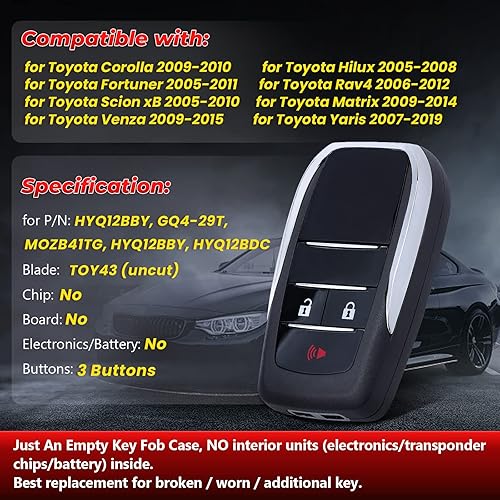 Miniatura 3 de Funda para llavero de repuesto modificada con control remoto, 3 botones, compatible con Toyota Corolla Hilux Fortuner Rav4 Scion xB Matrix Venza