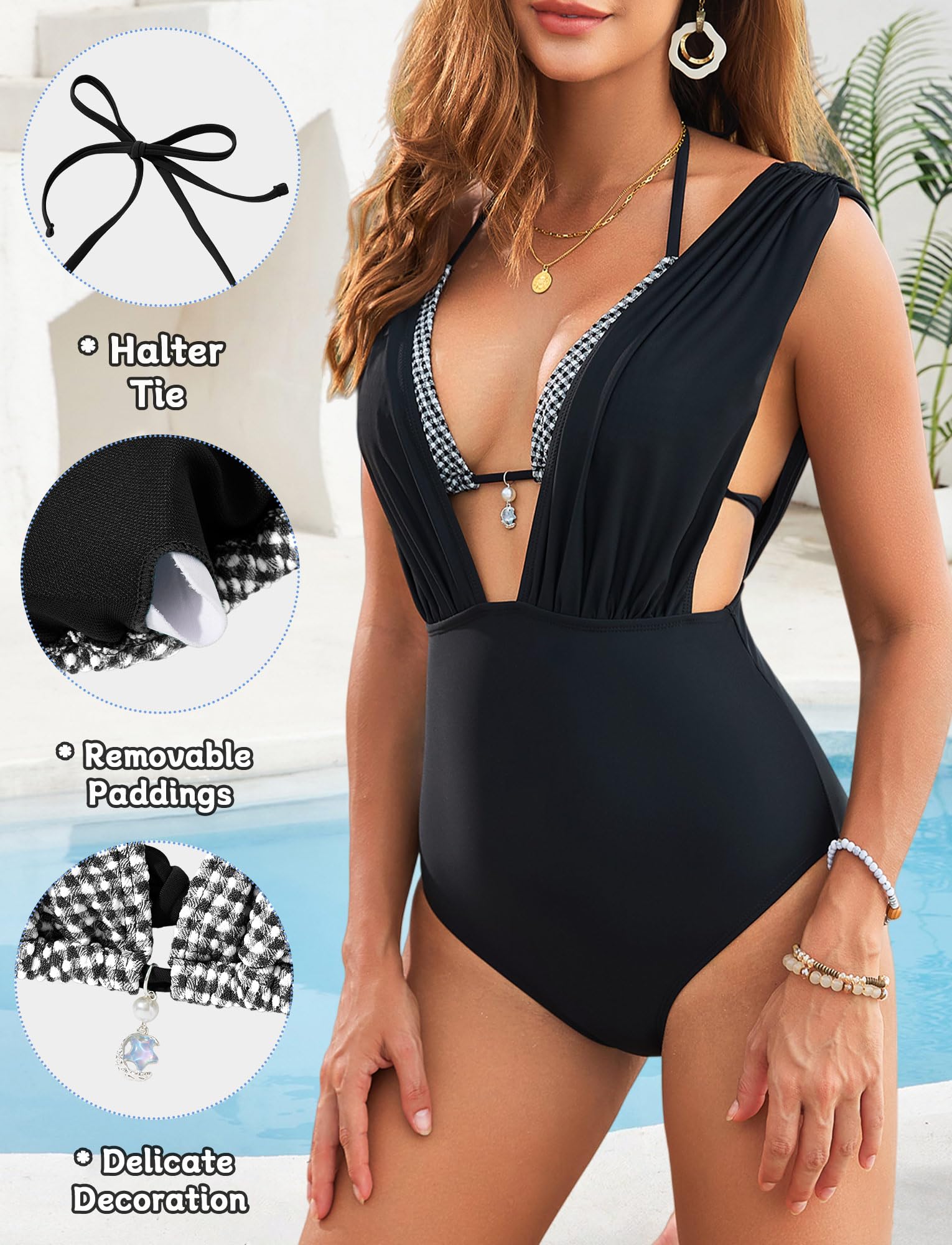 Traje de baño para mujer con cuello en V profundo monokinis abdomen espalda corbata traje de baño de una pieza con sujetador halter
