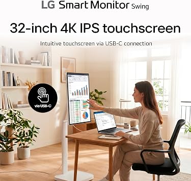 LG Smart Monitor Swing 32U889SA-W 32-Inch 4K UHD (3840x2160) IPS Touchscreen on a Fully Adjustable Wheeled Base HDR10, webOS, Built-in Speaker, HDMI, USB Type-C, Tilt/Height/Swivel/Pivot Stand, White