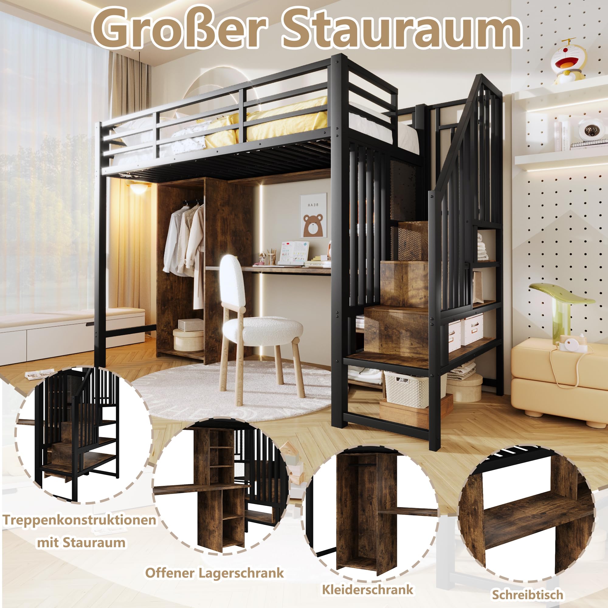 Azkoeesy Letto a Soppalco Cameretta con Scrivania, Armadio, Scala Salvaspazio di Sicurezza con Mensole Integrate, Libreria a 4 ripiani, Singolo in Metallo, per Adolescenti e Adulti, 90 x 200 cm, Nero