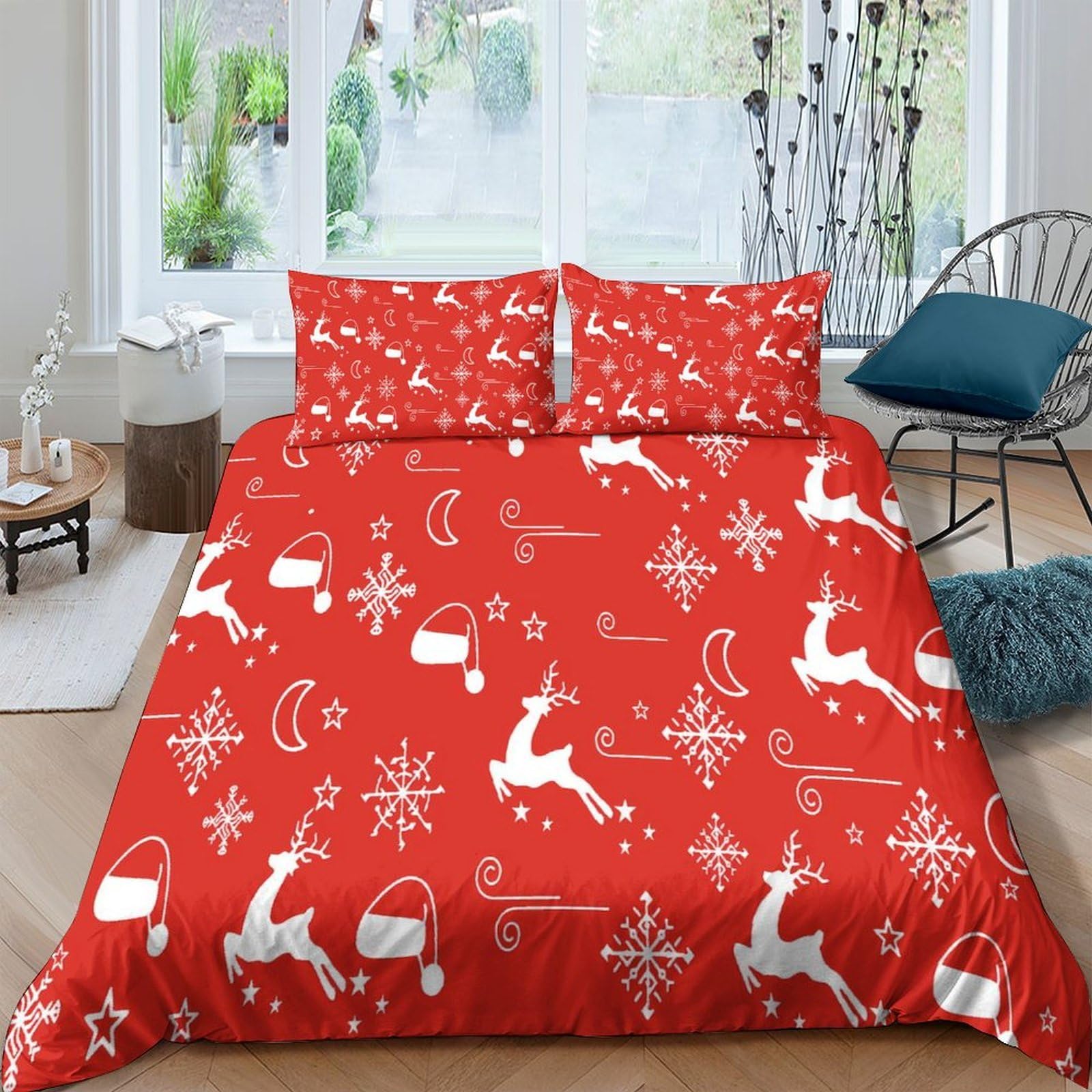 Ctjqhvkz Style-8 3D Printed Red Reindeer Fitted Sheet Microfiber Soft Snowflake Bed Cover For Bedroom Guestroom Mattress Protection Decor Single（135X200cm）