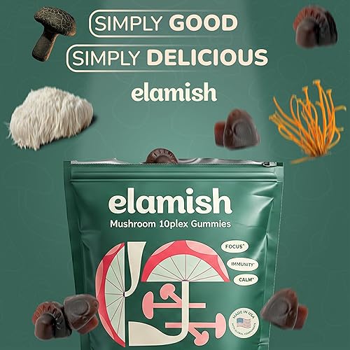 Miniatura 4 de Elamish Gomitas de hongos – Enfoque, inmunidad y calma – Mezcla funcional de hongos 10 plex – Sin azúcar, sin OMG, sabor natural de fresa – Hecho