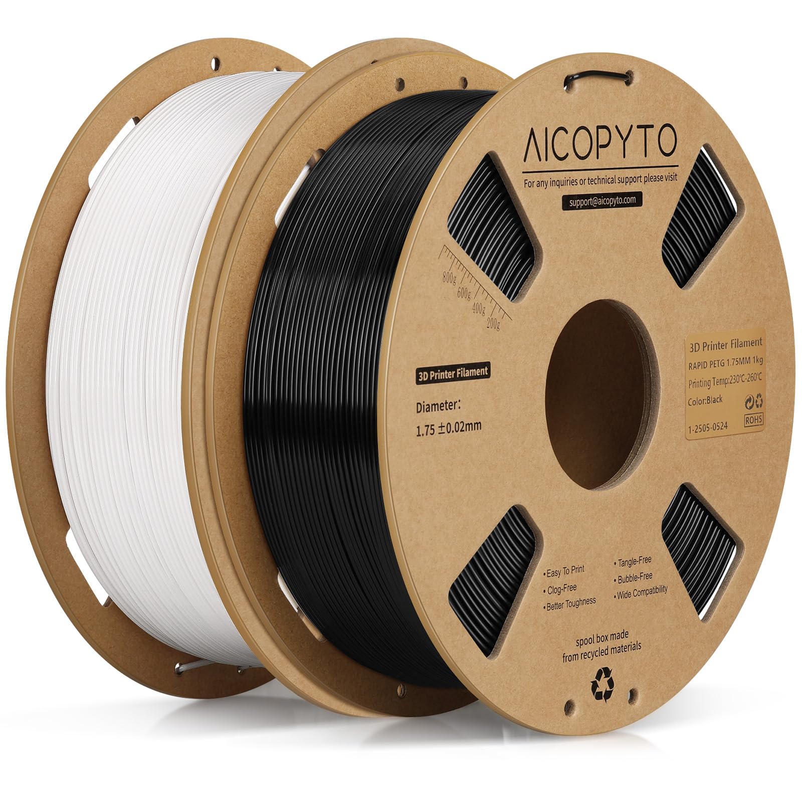 Rapid PETG Filament 2KG Black&amp;White,High Speed 30-600mm/s 3D Printer Filament PETG 1.75mm Dimensional Accuracy +/- 0.02mm,1kg Cardboard Spool(2.2lbs) Fits for Most FFF 3D Printers,Black+White