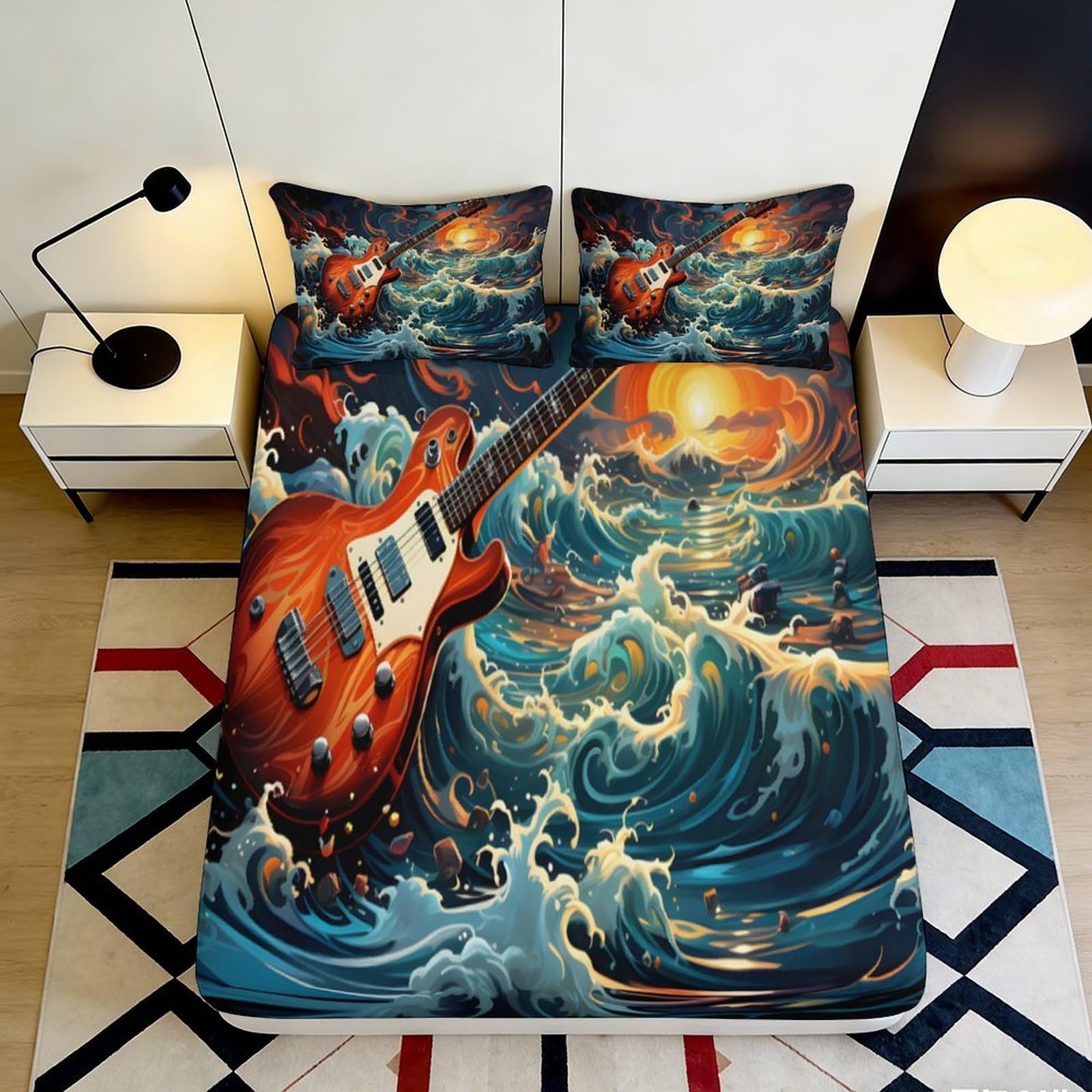 Tjiqhvmrn Style-2 3D Printed Guitar Wave Fitted Sheet Microfiber Deep Pocket Bedroom Bedding Set Non-Slip Guitar Wave Mattress Fitted Cover Washable 90X200x25cm