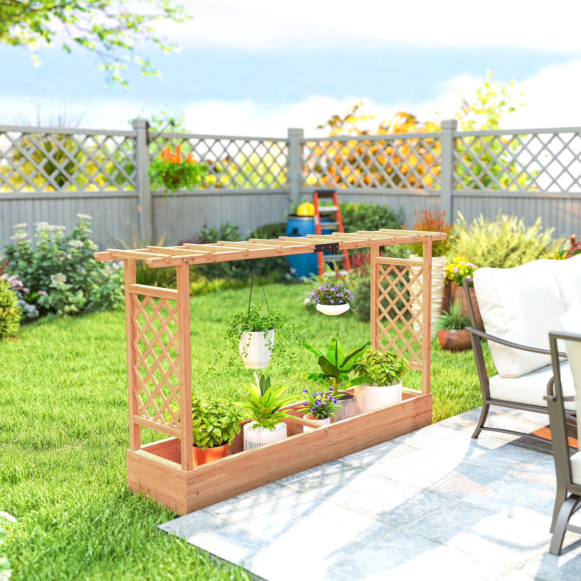 Outsunny Jardinière Surélevée avec Treillis Latéral et Supérieur, bac à Fleurs, lit surélevé Trous de Drainage, pour Plantes grimpantes, Fleurs, extérieur, Bois Massif, 200x44x113,5cm, Bois Naturel