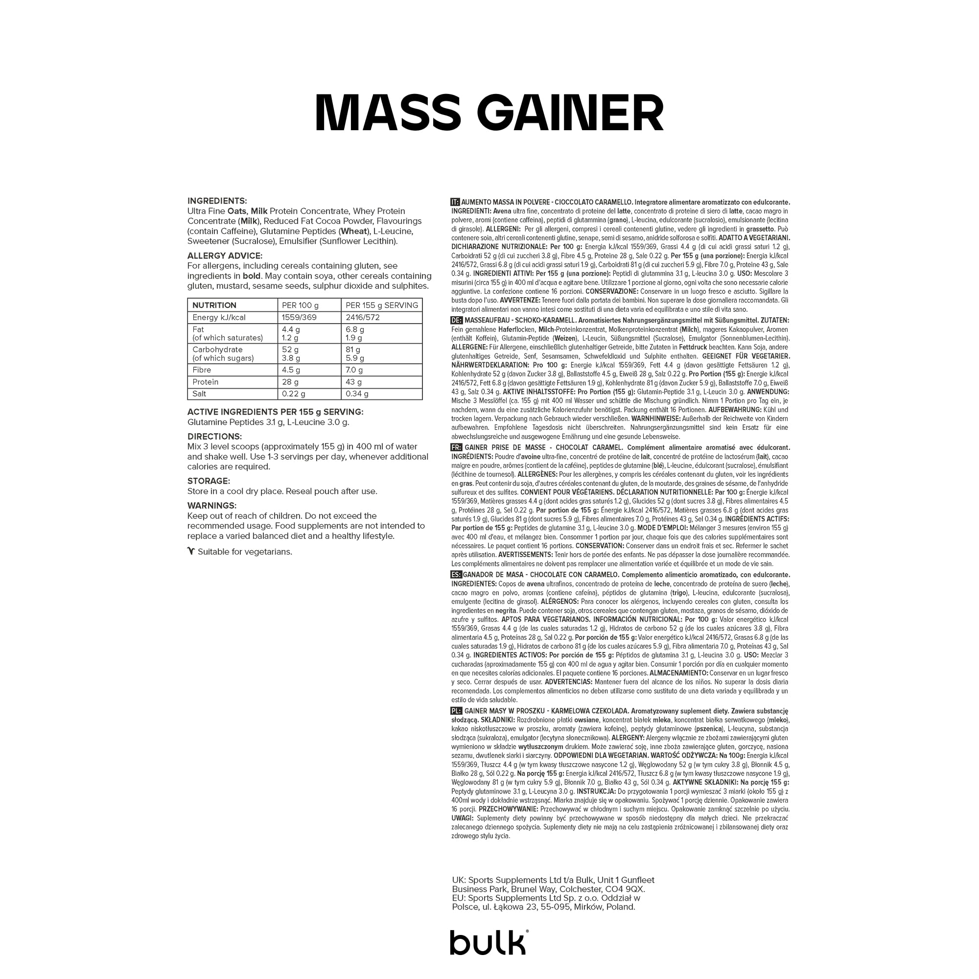 Bulk Complete Mass Gainer | Chocolat Caramel | 2.5kg | 45g de protéines et 5g de BCAA par portion | Gain de masse hypercalorique | Facile à mélanger | Délicieux arômes