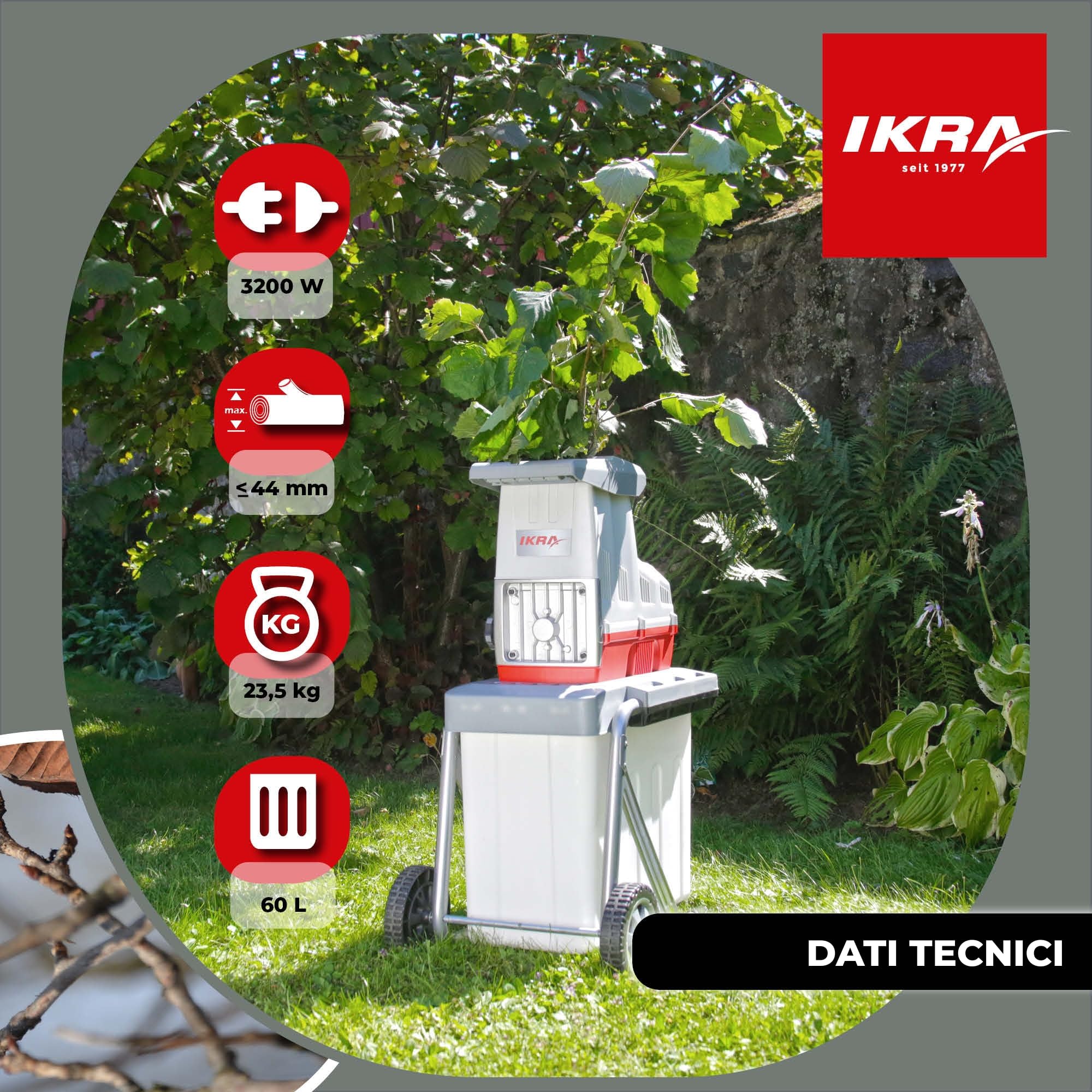 IKRA trituratore elettrico ILH 3200 A - silenzioso, robusto, a bassa manutenzione, potente 3200 W, spessore dei rami fino a 44 mm