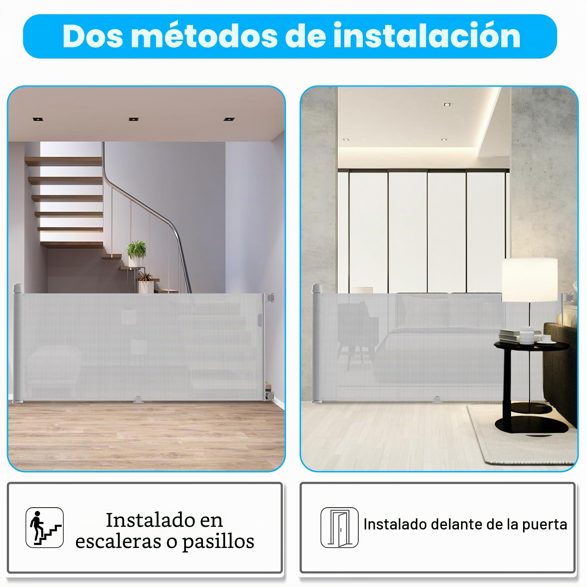 Barrera protectora para escaleras, extensible, 0-300 cm, para bebés, con doble cerradura, estable, barrera para perros, retráctil, para escaleras, puertas, pasillos (gris)