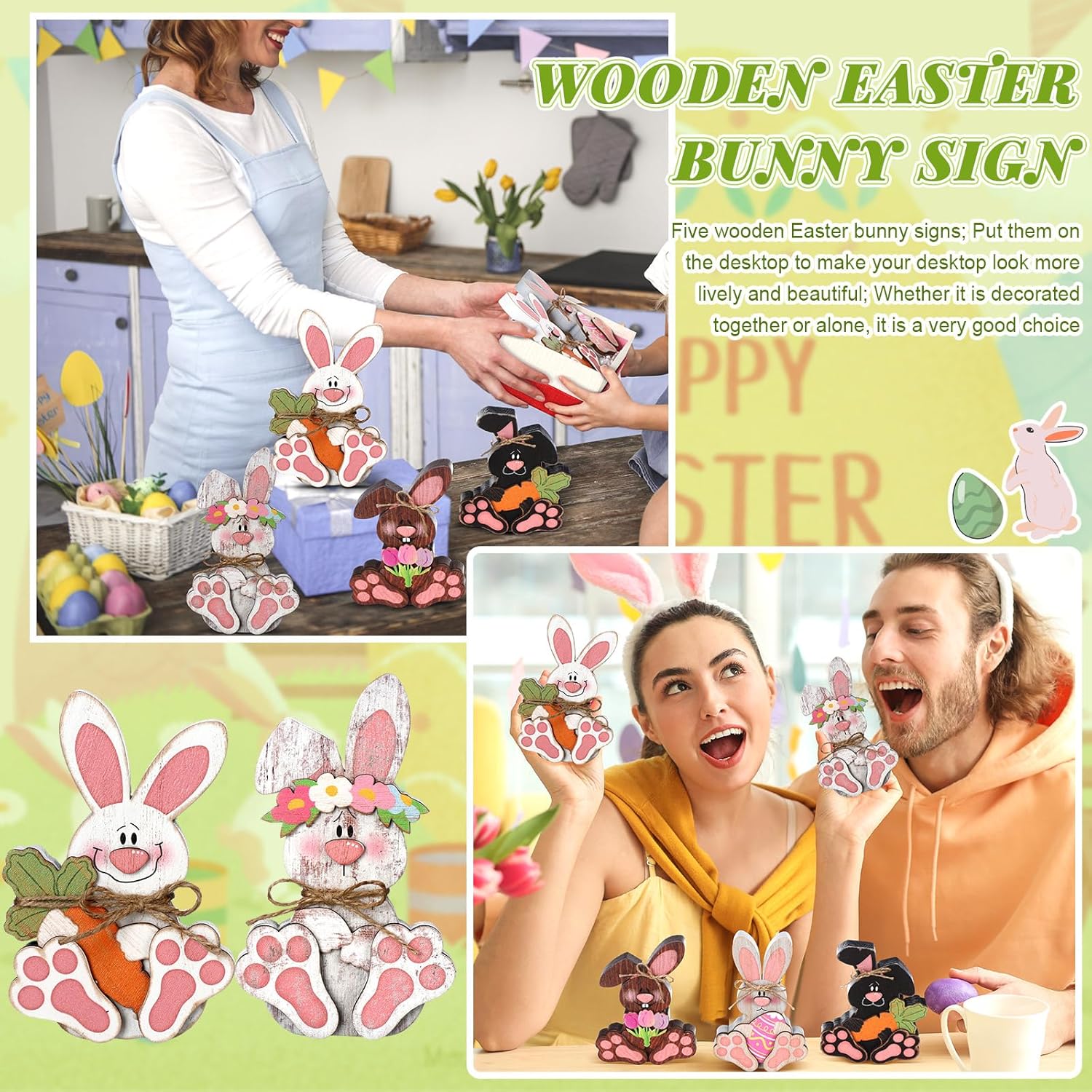 Yerliker 5 Pcs Rustic Easter Bunny Signs for Table Centerpieces Wooden Easter Tabletop Decor Vintage Rabbit Table Sign with Rope Bow Carrot Flower for Tray Desk Shelf Office Home Party Supplies - Image 5