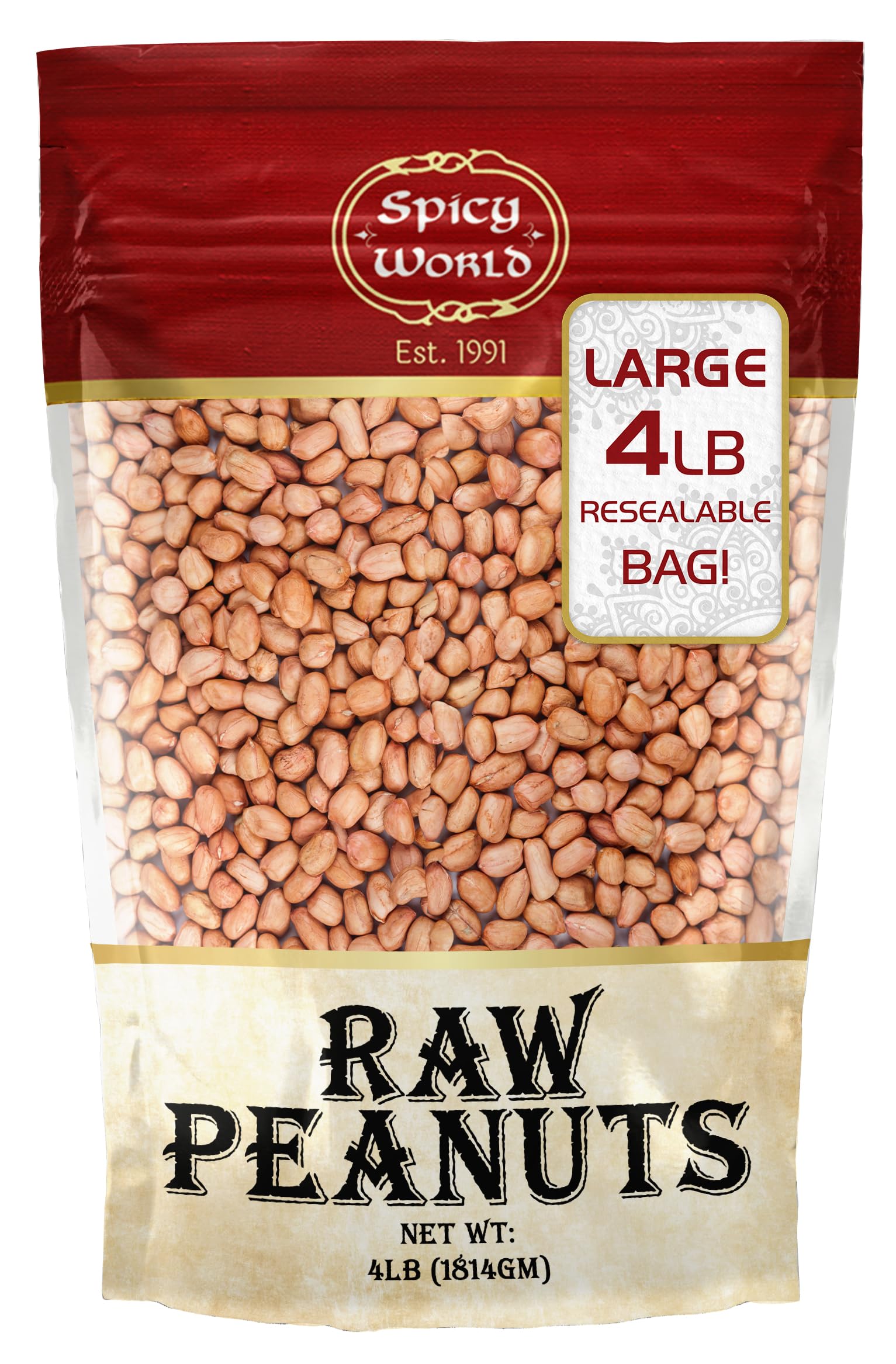 Spicy World Peanuts, Raw Whole With Skin (Uncooked, Unsalted) 4 Pound (64oz) ~ All Natural - USA Grown Red Skin Spanish Grade
