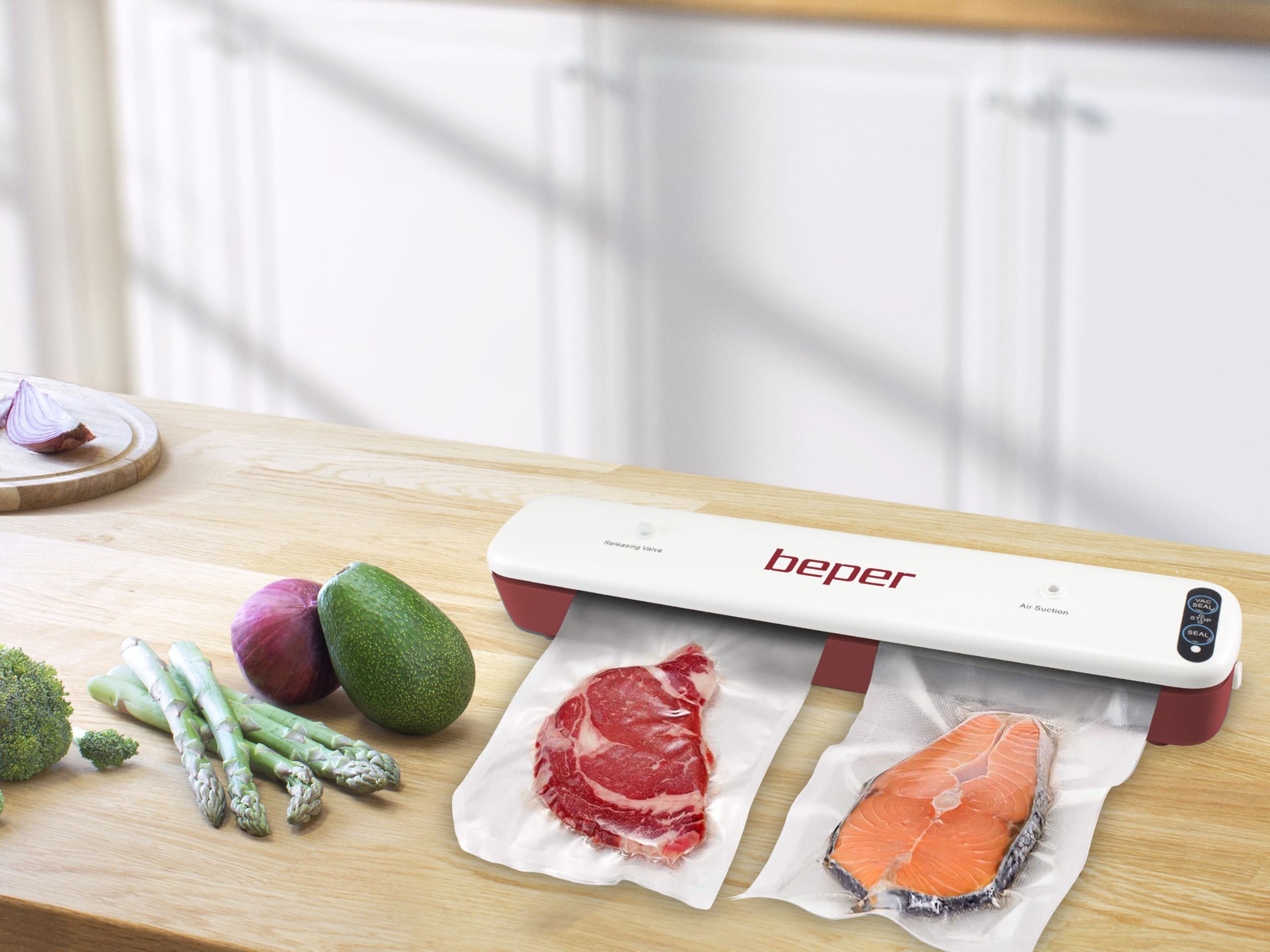 BEPER P102CON001 Machine sous vide avec 5 sacs sous vide, ABS, double opération, ruban d'étanchéité de 30 cm, blanc/gris