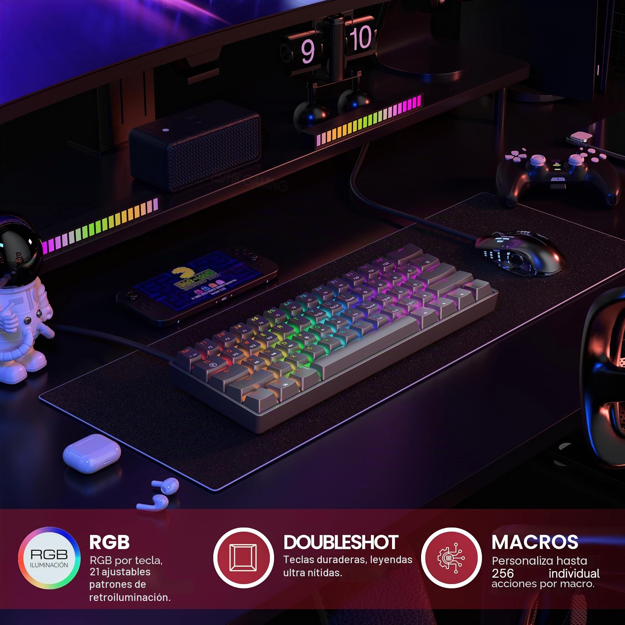 GK61s, Teclado mecánico para gaming, 61 teclas multicolor RGB, con retroiluminación LED, con cable, programable, para jugadores en PC y Mac