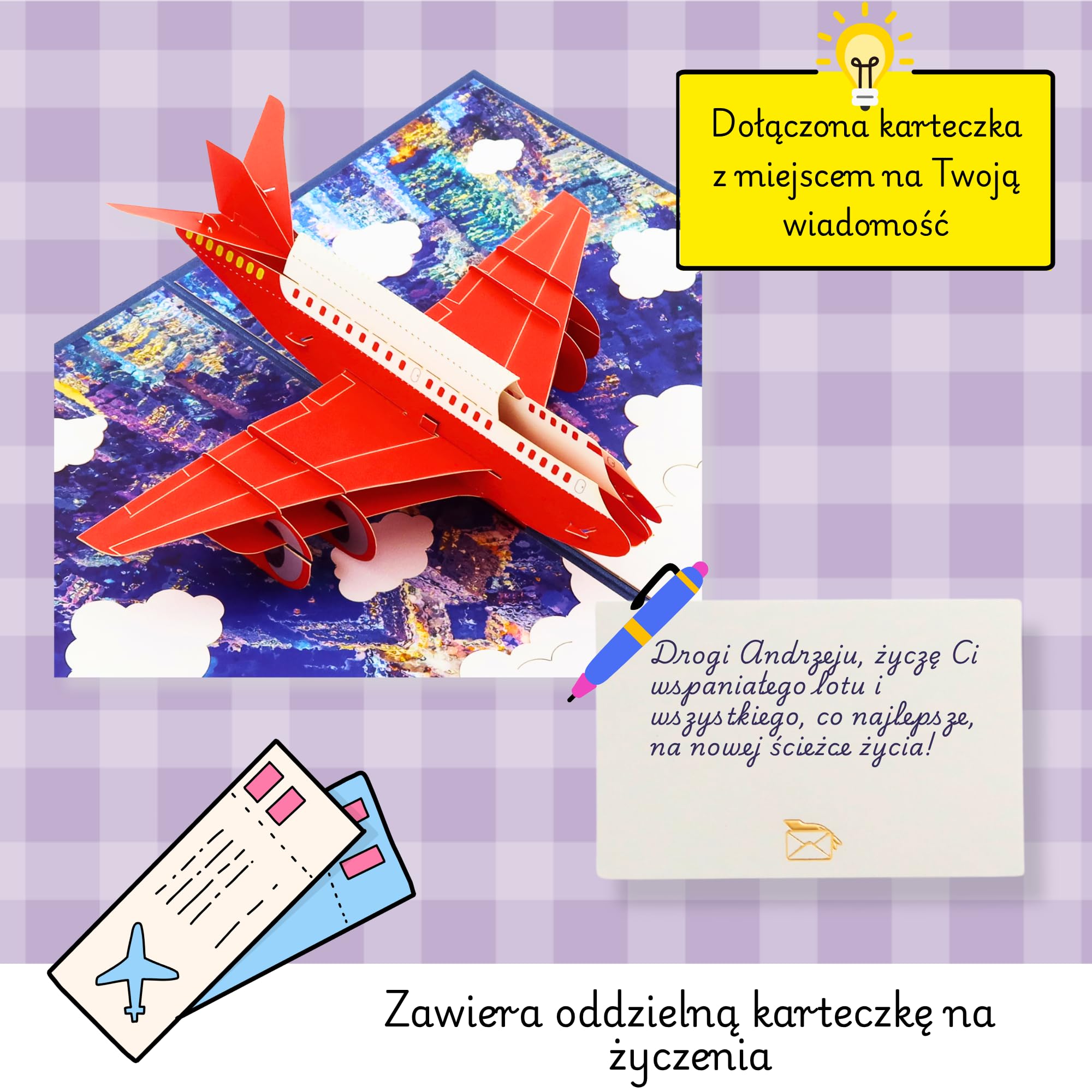 Kartka pop-up 3D z motywem samolotu – bon podróżny, kartka pożegnalna typu pop-up dla kolegów, przyjaciół i rodziny, kartka z życzeniami z urlopu i przygody, kartka urodzinowa z kopertą