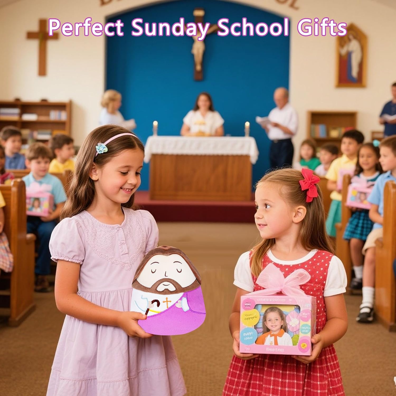 Jesus Plush Pillow Stuffed Animal - Jesus Doll with Cross Prayer Staff Perfect Christian Easter Gifts for Kids Adults Purple 10 Inch - Image 2